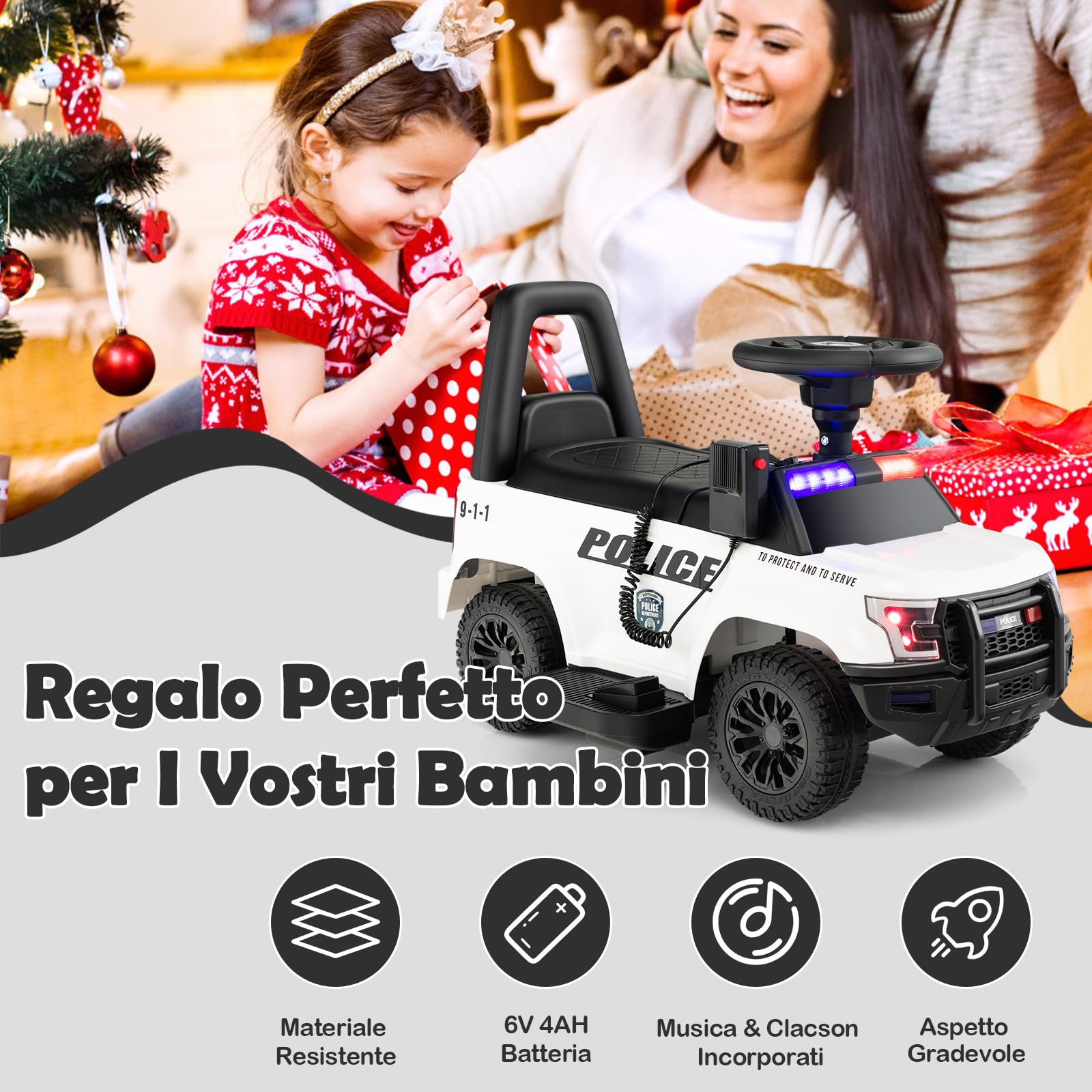 RELAX4LIFE Macchina Elettrica della Polizia per Bambini 6V, Velocità 3 km/h con Megafono Musica Sirena Lampeggianti e Fari, Porta USB,5-5 Anni,Portata 25 KG (BIANCO)