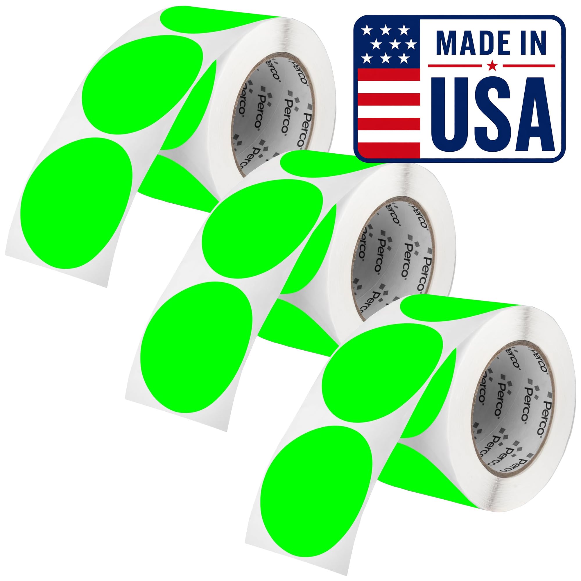 Perco Neon Green Perforated Round Circle Dot Sticker 3-Inch Labels — 3 Rolls, 1,500 Stickers—Available, Ready &amp; Promo Signage, High Visibility, Strong Adhesive —Made in USA