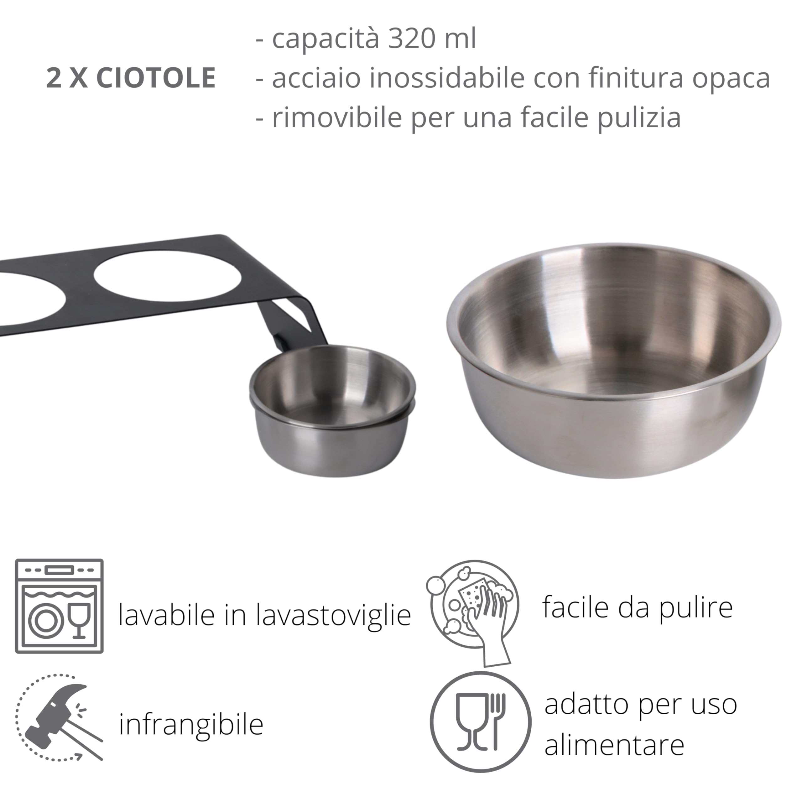 Ciotole per Gatti Rialzate Doppia in Acciaio Inossidabile e Metallo Laccato 2x320 ml Nero