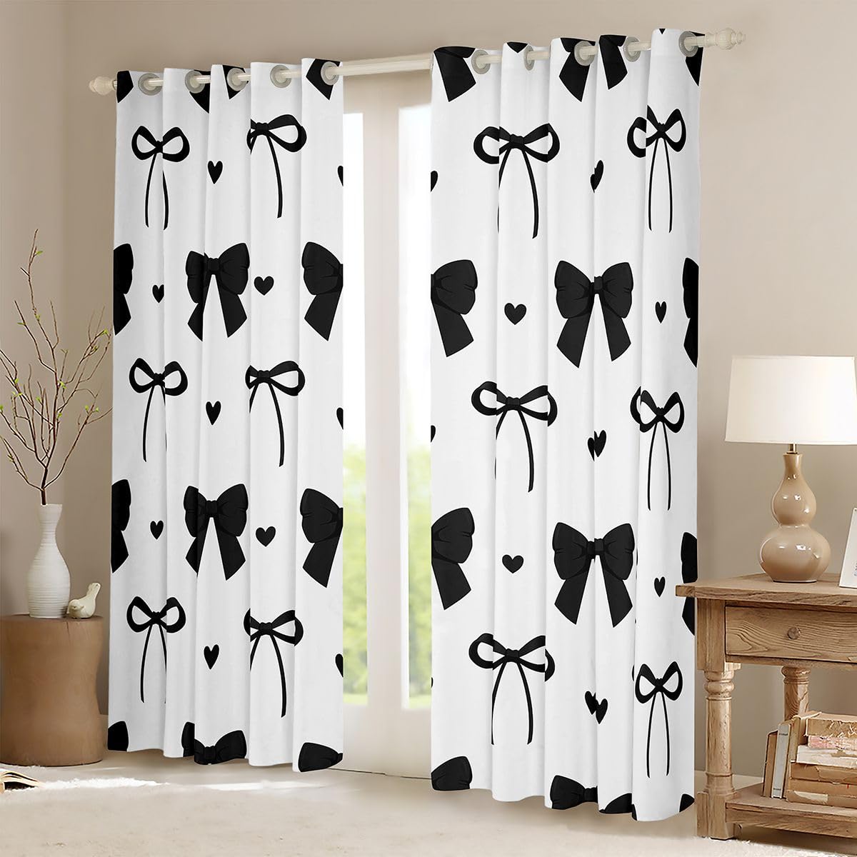 Homewish Dziewczęca kokardka czarna księżniczki zasłony okienne 168 x 183 cm, 2 zestawy paneli - Kawaii zasłony zaciemniające miłość serca zasłony okienne zasłony urocza wstążka kokarda