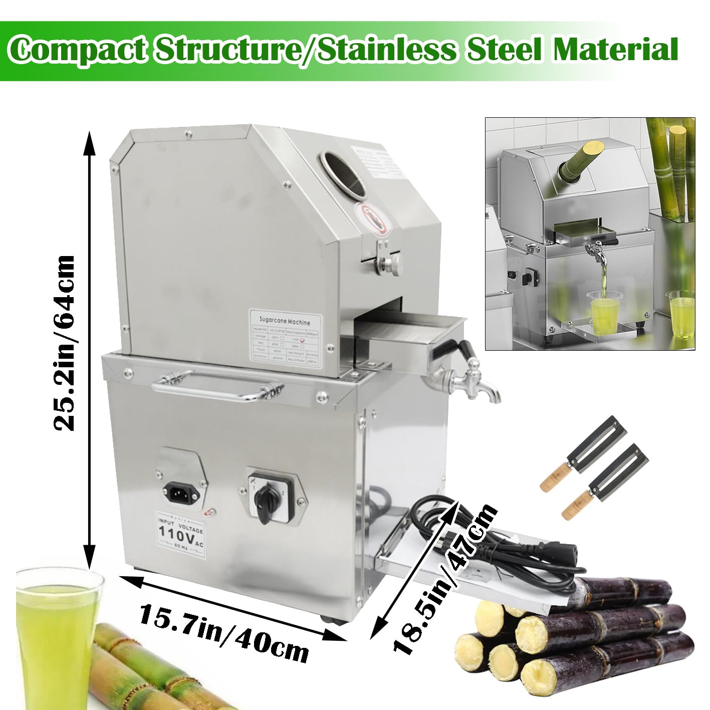 INTBUYING Electric Sugarcane Juicer, Sugar Cane Press Extractor, Stainless Steel 3 Rollers, Detachable Top Cover, Sugarcane Juice Squeezing Machine for Commercial & Home 110V 800W