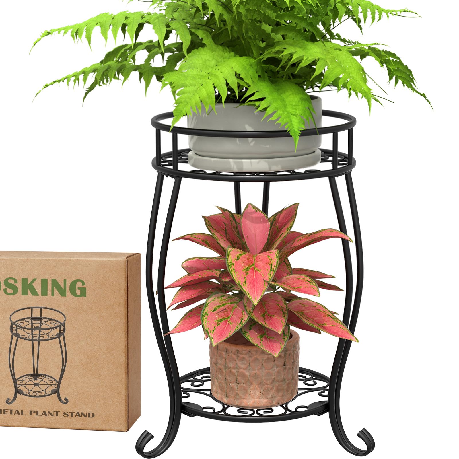 Soporte de metal de 2 niveles para plantas para interiores y exteriores, resistente al óxido, soporte estable para múltiples plantas, soporte para macetas para sala de estar, balcón, jardín, patio