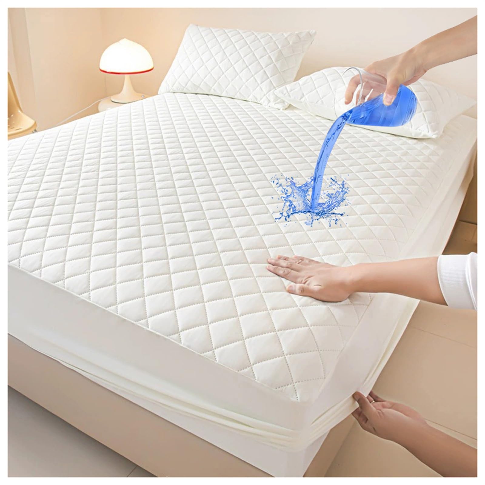 Protector de colchón Acolchado Impermeable, Bolsillo Profundo de 30 cm, Funda de colchón silenciosa, sábana Bajera Ajustable Engrosada con Capa de TPU, Lavable (Blanco, 150 x 203 cm / 59 x 8