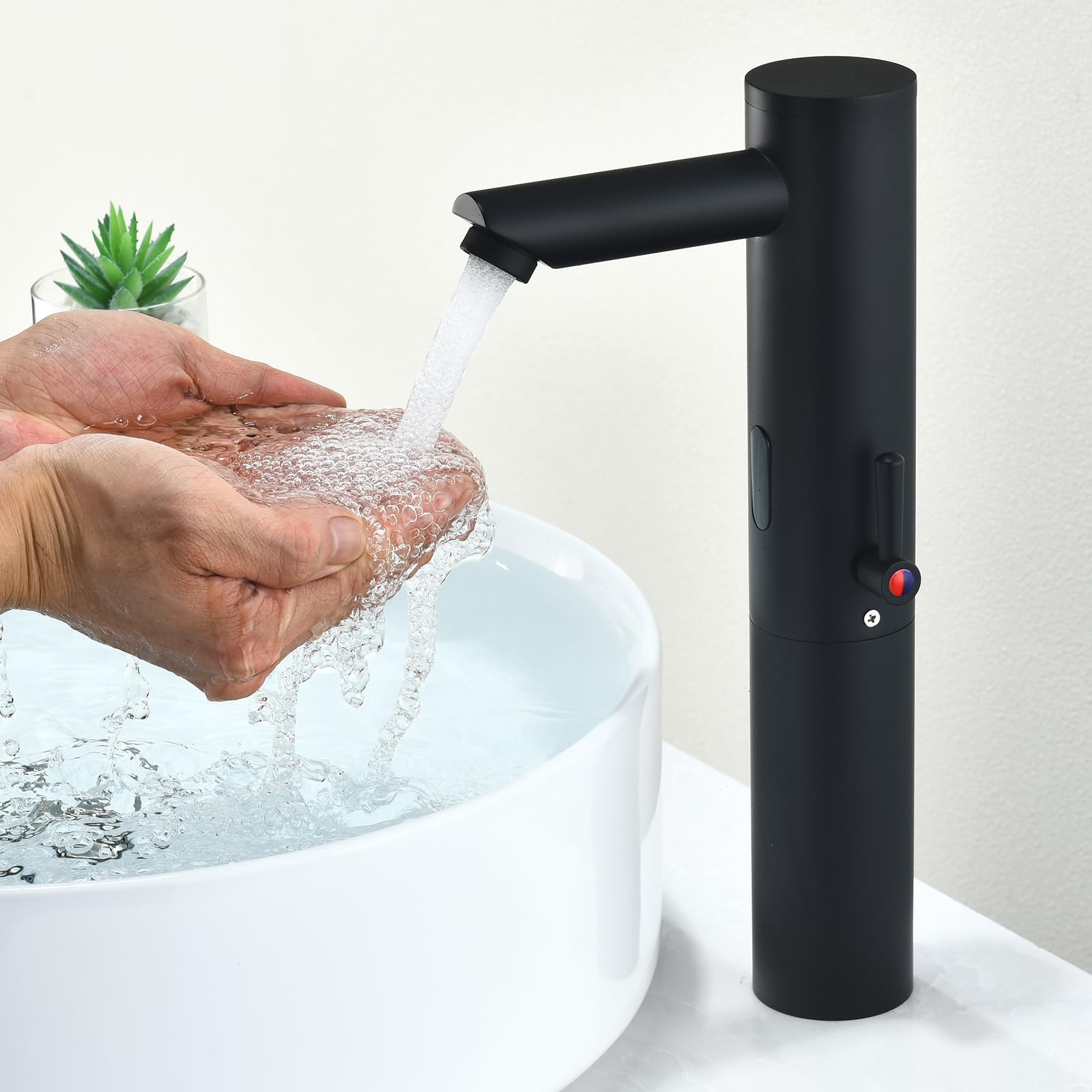 Automatischer, berührungsloser Waschbeckenarmatur, Sensor, bewegungsaktiviert, No-Touch-Messing-Wasserhahn mit einstellbarem Temperaturkontrollgriff für Zuhause, Waschtisch, Gewerbe und Büro (hoch
