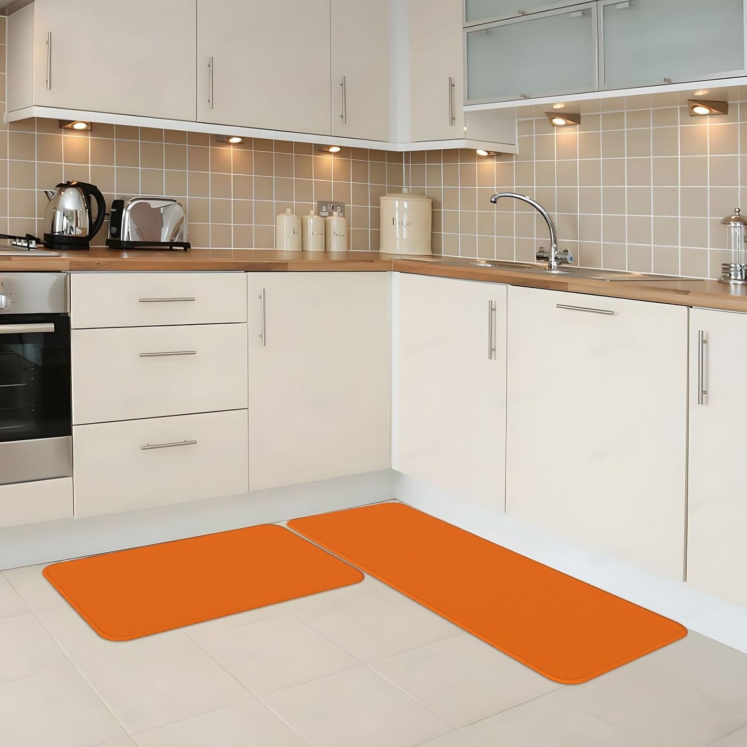 Orange Color Print Kitchen Rugs Sets of 2 Non Slip Washable, Anti Fatigue Kitchen Mats for Floor, Home Decor
