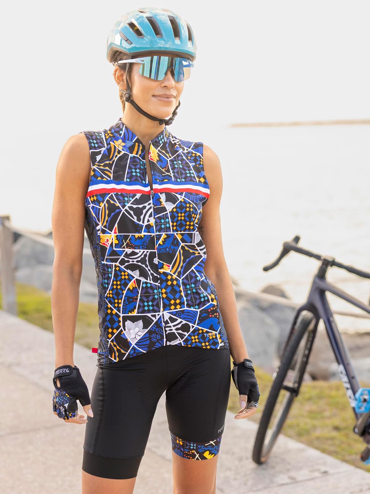 Terry Radtrikot für Damen, charakteristisch, ärmellos, mit Taschen, athletische Passform, durchgehender Reißverschluss vorne, Sommer-Top