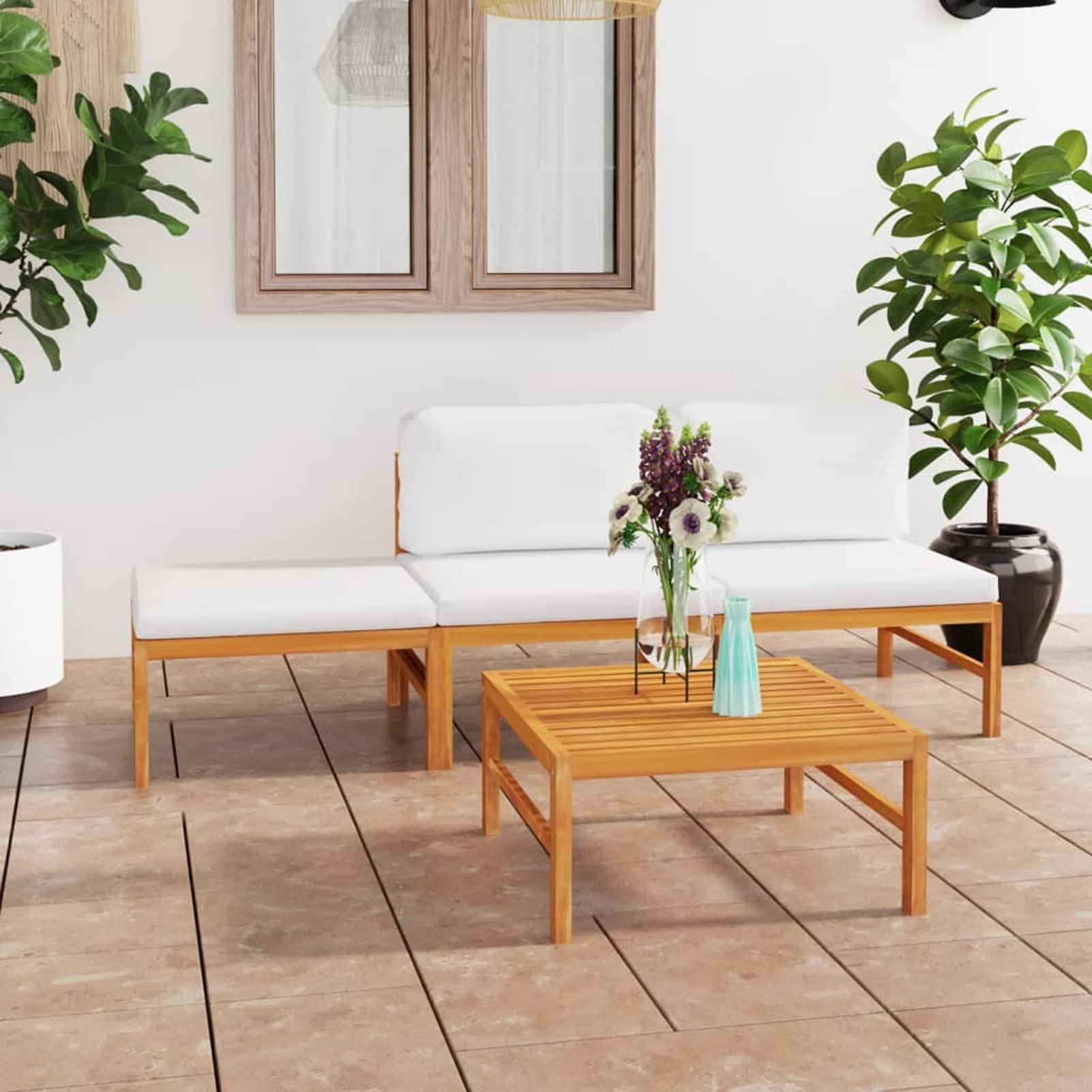 4pz Set Divano Giardino per Esterno, Divano da Esterno, Divano Legno, Salotto da Giardino Esterno, Divanetto da Esterno con Cuscini in Legno Massello di Teak Crema