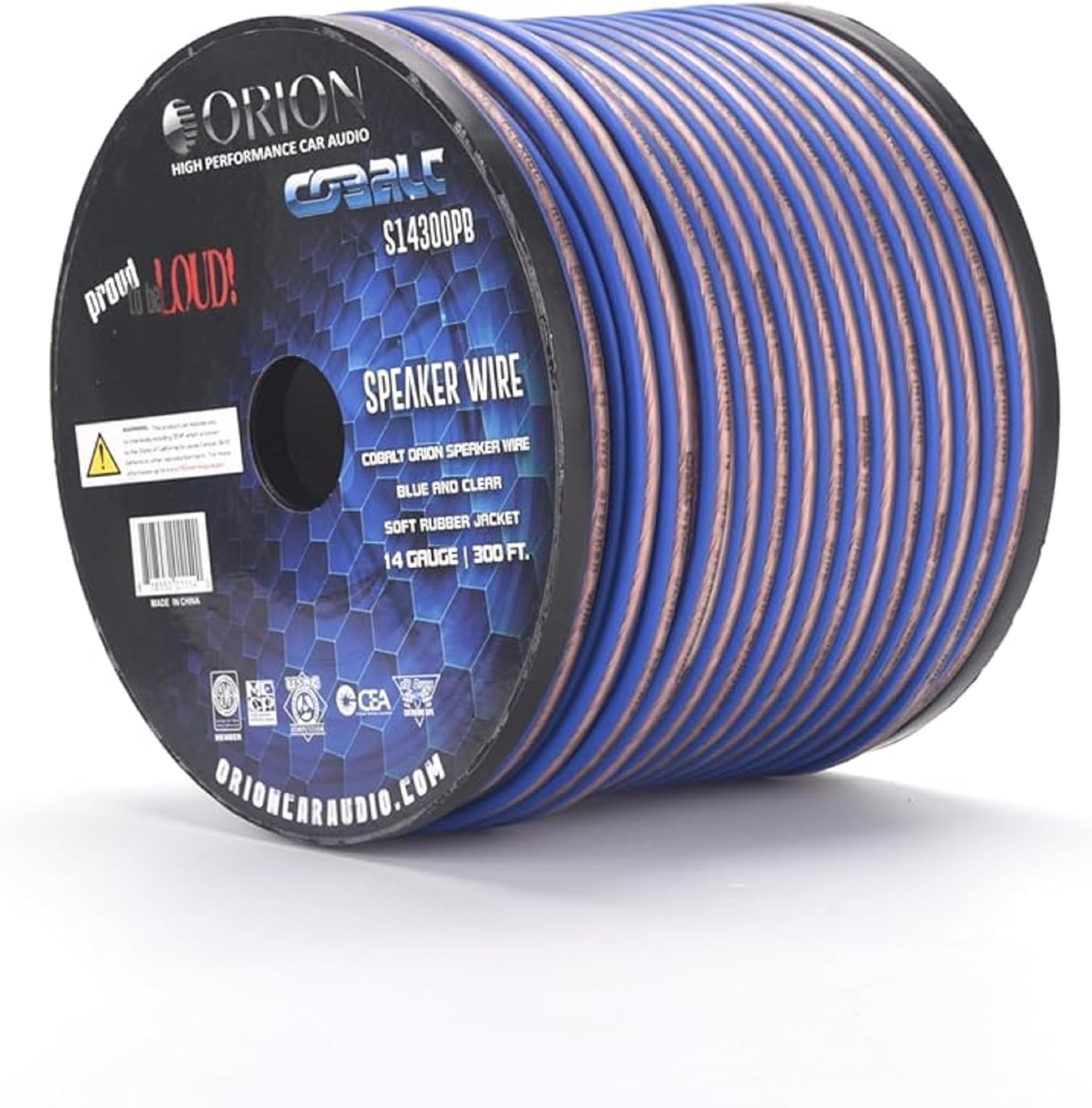 Cobalt S14300PB 14 Gauge AWG (300-Ft Blue/Clear) High Powered Car Speaker Wire Roll, Surround Sound, Home Theater Speakers, RV Audio | 2x14 Gauge Speaker Cable/Wire Roll