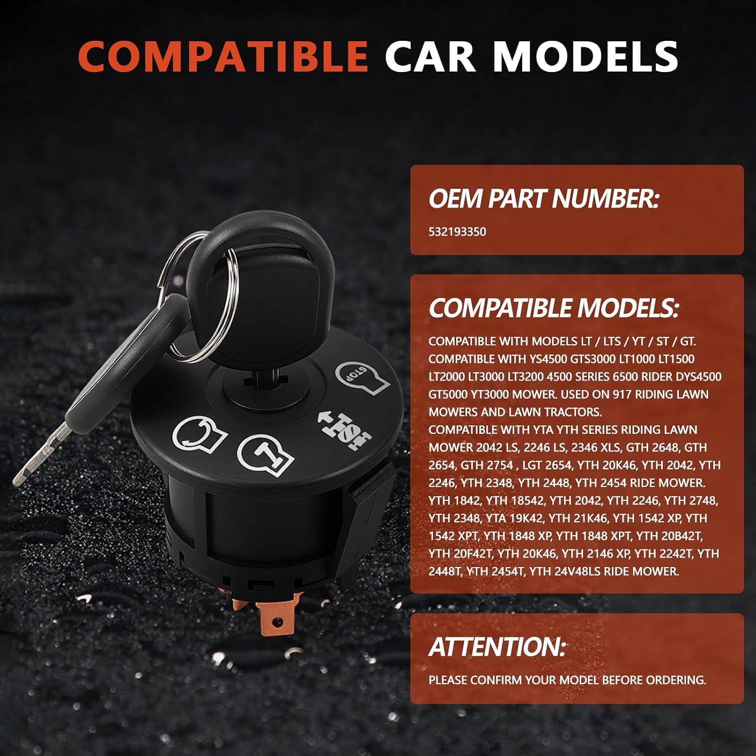 532193350 Ignition Starter Switch 4 Position with Key Fits AYP, Craftsman, Sears, Poulan Lawn Mower Rider Replace 193350 532193350