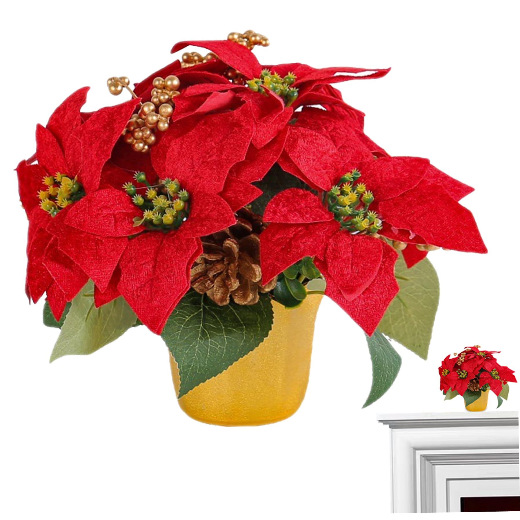 Poinsettia fleurs artificielles en pot doré pour décoration de Noël