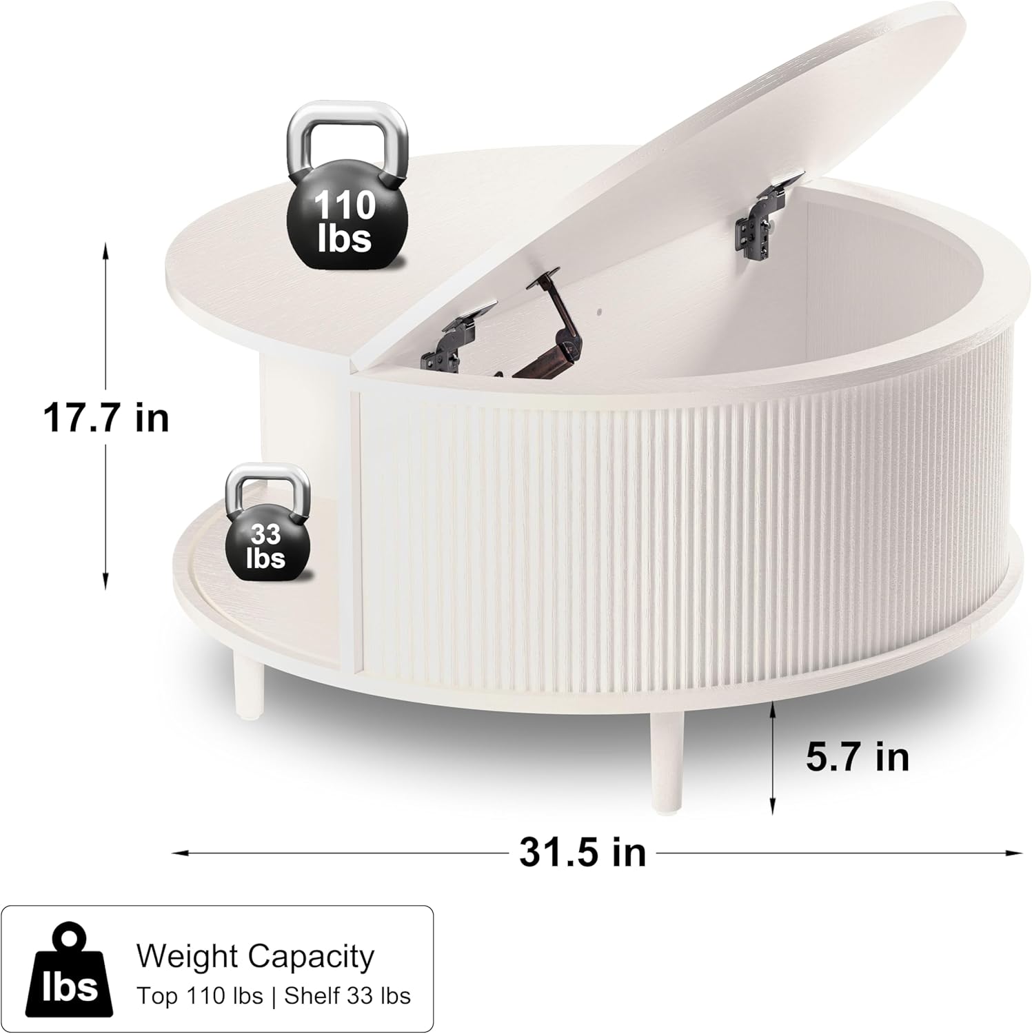 Round Coffee Table, 31.5" Fluted Center Table with Storage, Lift-Top Coffee Table with Adjustable Footpads, Sliding Door, Mid-Century Modern Center Table for Living Room, Small Space (White)