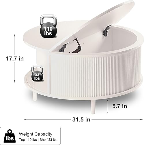 Miniatura 2 de Round Coffee Table, 31.5" Fluted Center Table with Storage, Lift-Top Coffee Table with Adjustable Footpads, Sliding Door, Mid-Century Modern Center