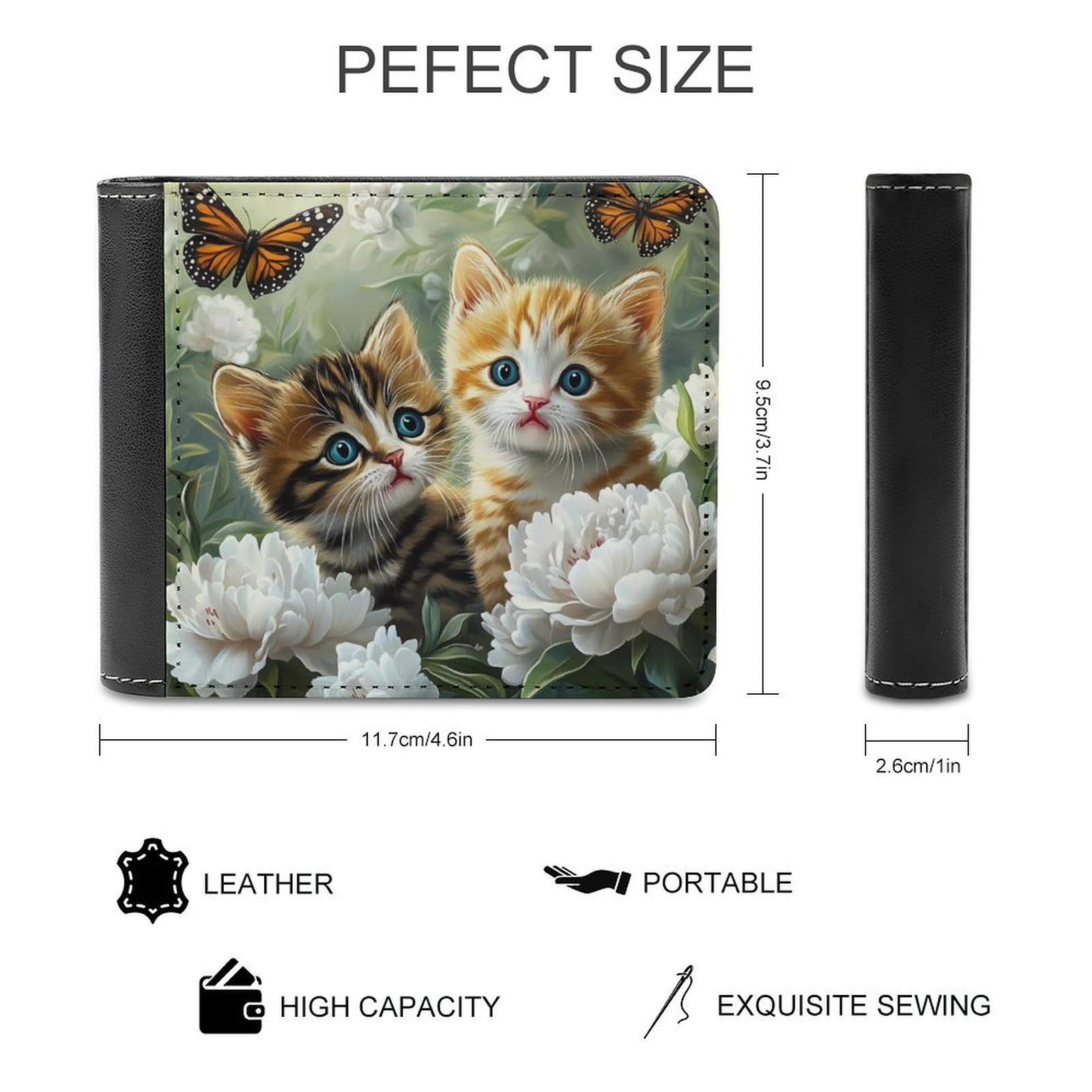 Kitten Playing Butterfly Bifold Wallet PU Leather Slim Purse Pocket Wallet with Card Holder for Women Men