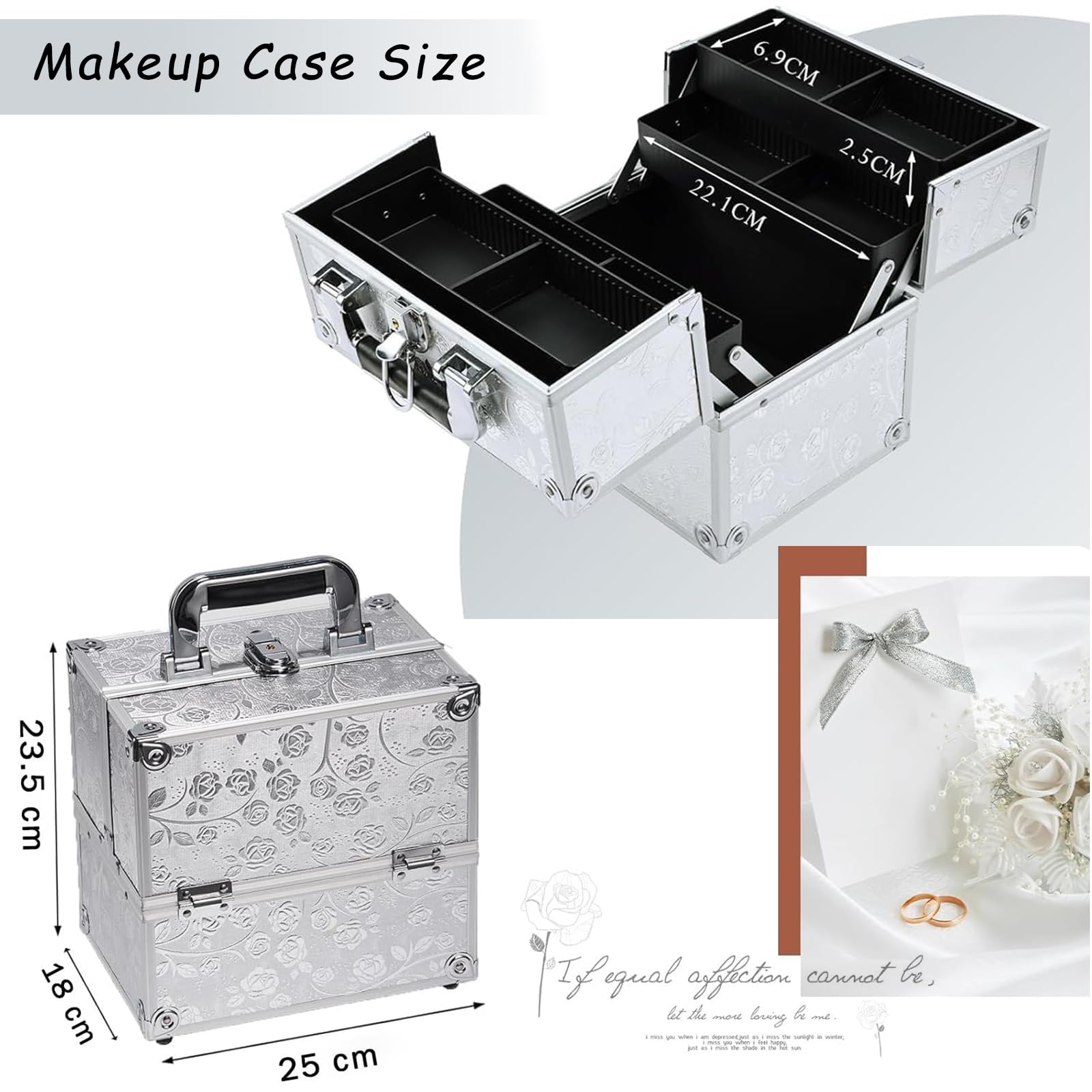 Beauty case con 4 vassoi, organizer per cosmetici, con serrature, Rosa argentata.