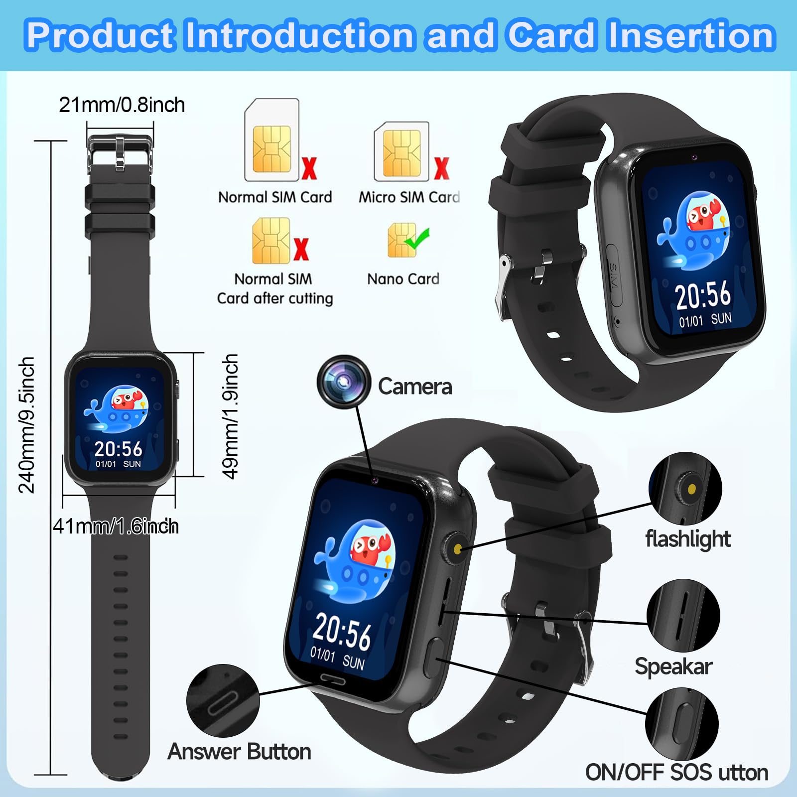 Reloj Inteligente Niño 4G, Smartwatch Niños con GPS, SOS, Llamadas, 4G Videollamada, Juego, Cámara, Despertador, IP68 Impermeable, Podómetro, Modo Escolar, Regalos para Niñas Niños (Negro)