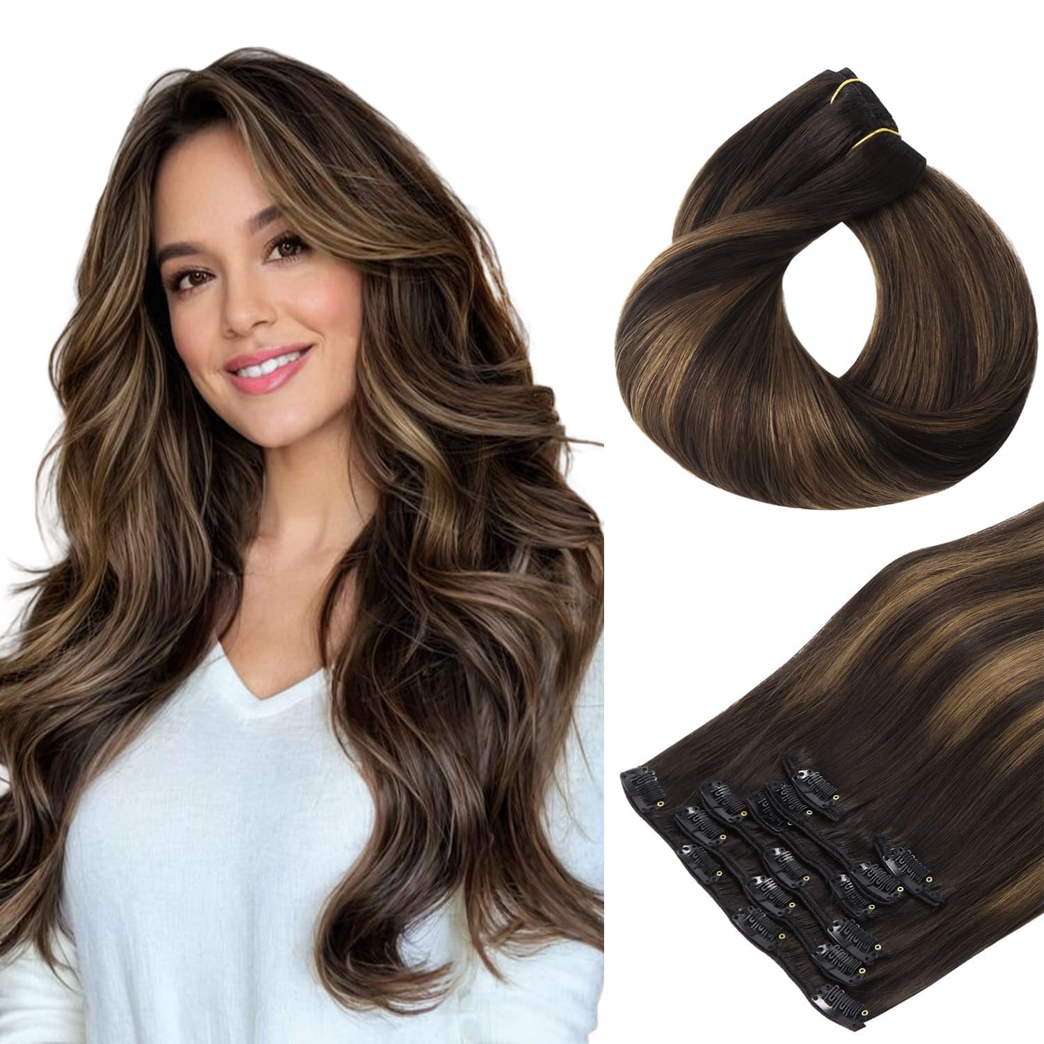 HOTBANANA Human Hair Clip in Hair Extensions, Balayage Dark Brown Mixed Chestnut Brown 120g Clip in Hair Extensions Real Human Hair Straight Remy Hair Clip Ins Dark Roots Ombre 14 Inch 7pcs