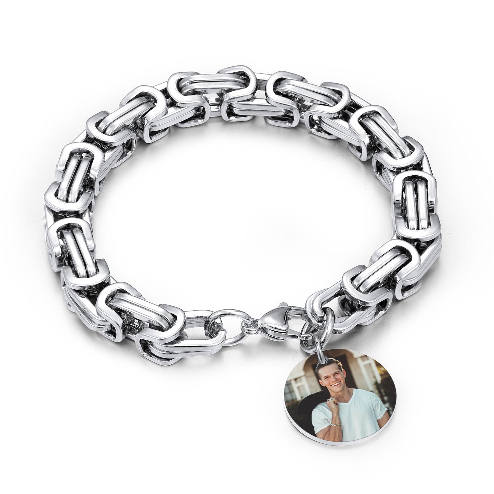 INBLUE Personalizada 8mm Ancho Acero Inoxidable Bizantino Cadena Pulsera Grabar Foto/Texto con Corazón/Redondo Colgante Bizantino Pulsera Joyería de Moda Regalo para Hombres