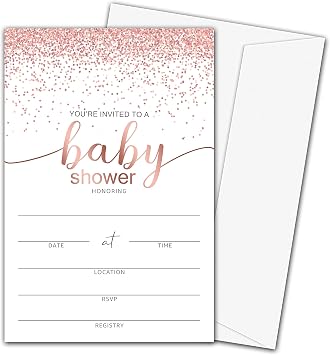 Baby Shower Invitation Cards with Envelopes, Pink Rose Gold Fill In Invites, 25 Pieces