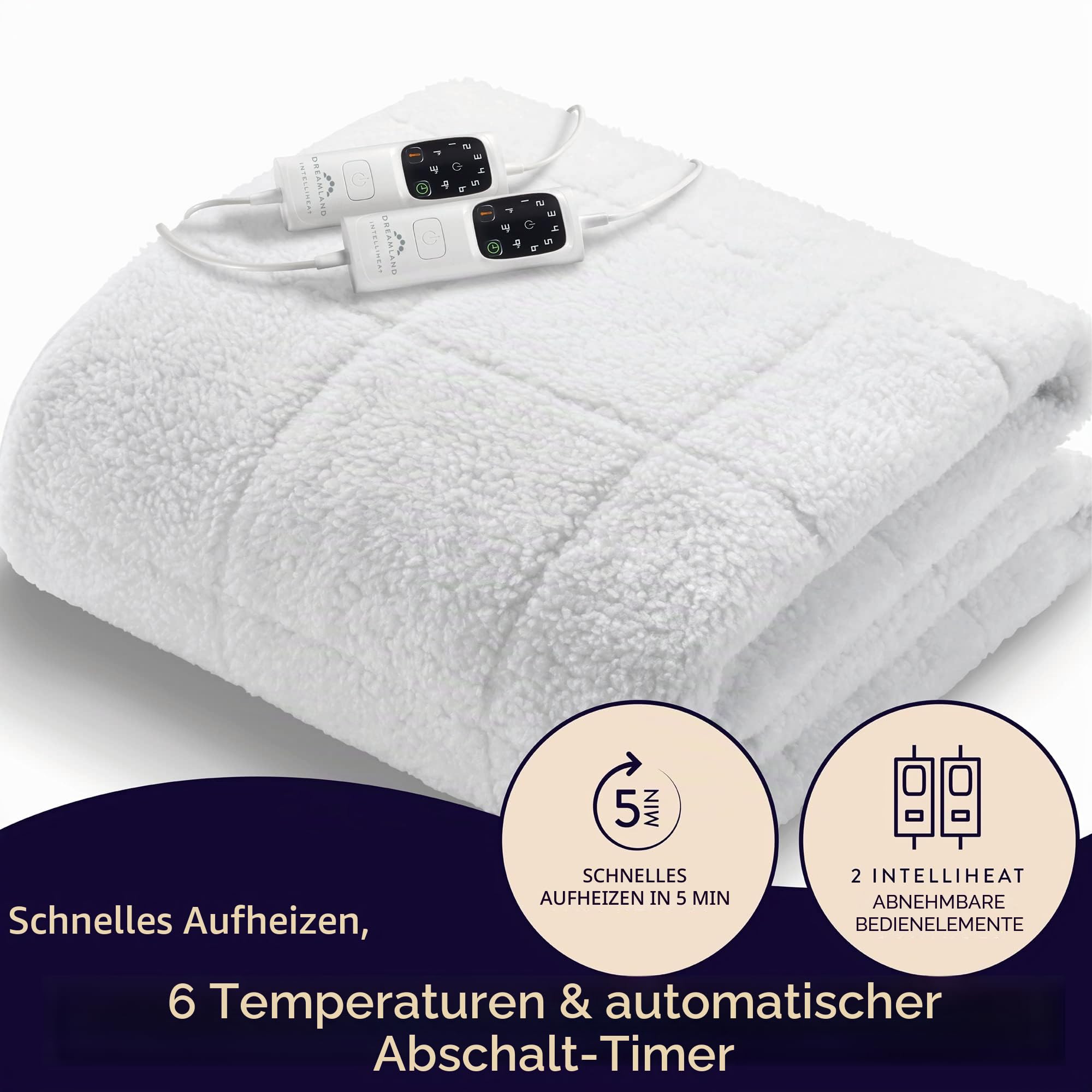 Dreamland SuperKing Size Hunker Down Scandi Sherpa Elektrische Unterdecke (Intelliheat Plus Fast Heat, maschinenwaschbar, 200 x 180 cm, 2 abnehmbare Regler, 6 Temperatur und Auto-Timer)