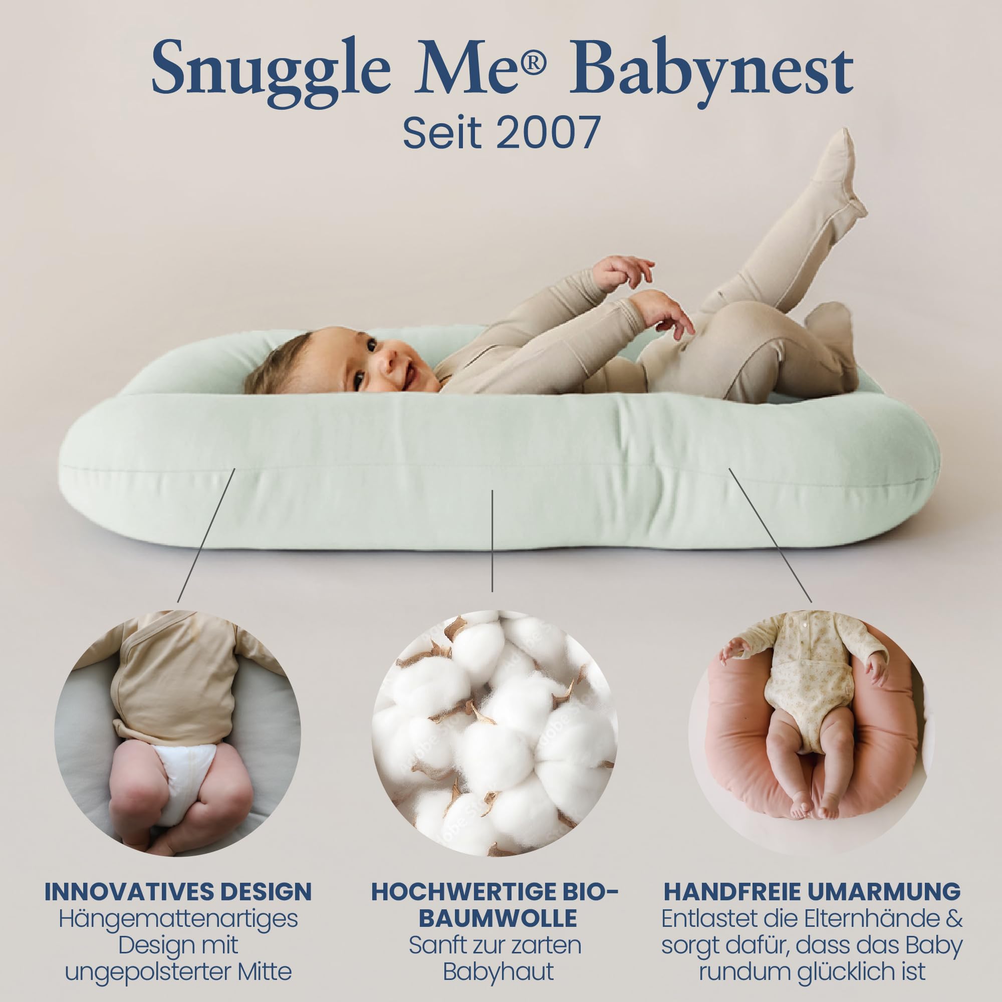 Snuggle Me® Babynest (0-9 Monate) - Premium Babynestchen aus Bio-Baumwolle mit Fiberfill, maschinenwaschbar, inkl. Reisetasche (Sage)