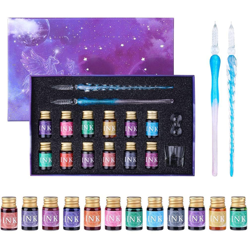 Khazna Glass Dip Pen and Ink Set with 2 Calligraphy Crystal Pens and 12 Gold Inks, Pen Holder & Cleansing Cup, Glass Dip Pen Beginners Gift Set for Art, Drawing, Writing, Signatures, Cards