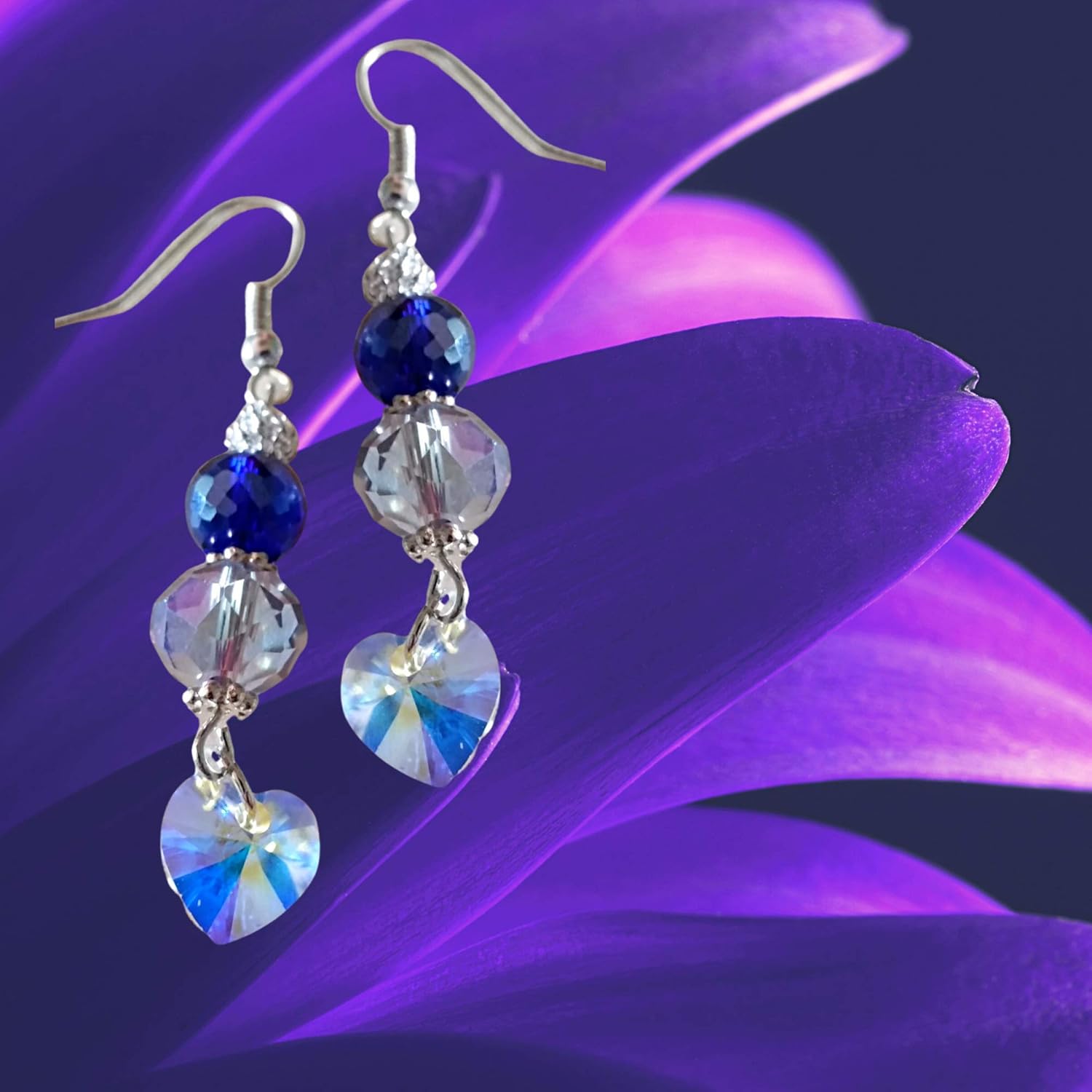 Purple Crystal Heart Earrings - Mother's Day Valentine's Day Christmas Easter Birthday Heart Gift - Handmade Dangles - Image 4