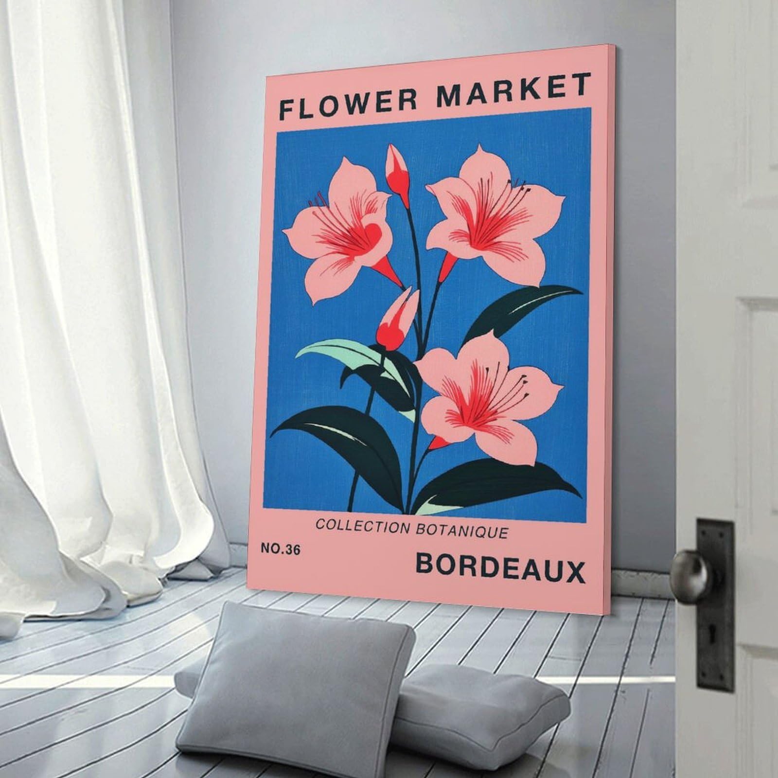Junmoney Frame-Style-3 Bordeaux Flower Market Poster Wall Picture Print, 24X36inch(60X90cm), For Lounge, Study, Hallway Or Flat Walls, Canvas Wall Art That Fits Changing Layouts