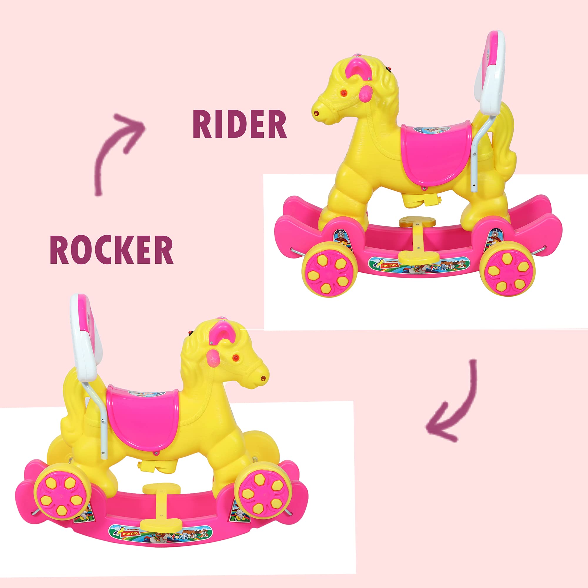 HerHome Rocking Horse Ride On for Kids - Murphy Super 2-in-1 Musical Horse Rocker Cum Ride On Toy with Backrest - Ideal Age - 1 Year to 3 Years, Weight Supported - Upto 25 KG (Pink) 2