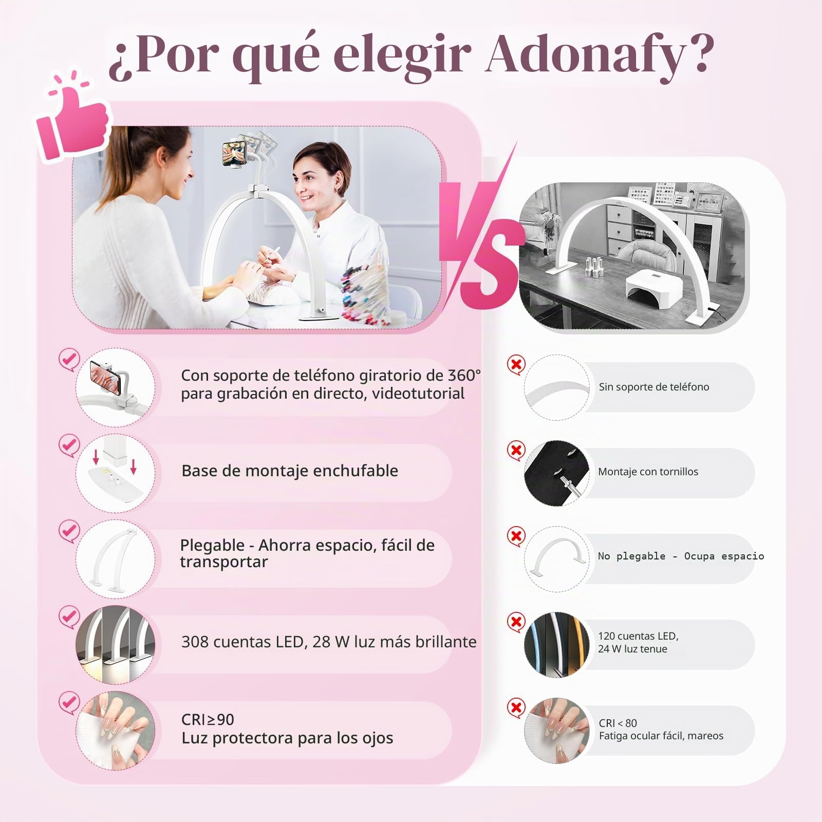 Lámpara de Media Luna para Manicura: Lámpara de Arco de 58 cm para Manicuristas con Soporte para Teléfono para Principiantes - 3 Modos de Color y 10 Niveles de Brillo Ajustables - Lámpara de Uñas
