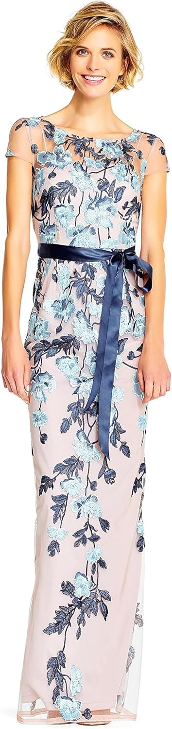 Adrianna Papell Women's Cascading Floral Column Gown | Floor Length Elegant Evening Gown with Satin Ribbon Tie & Cap Sleeves, Midnight Multi/Nude, 10