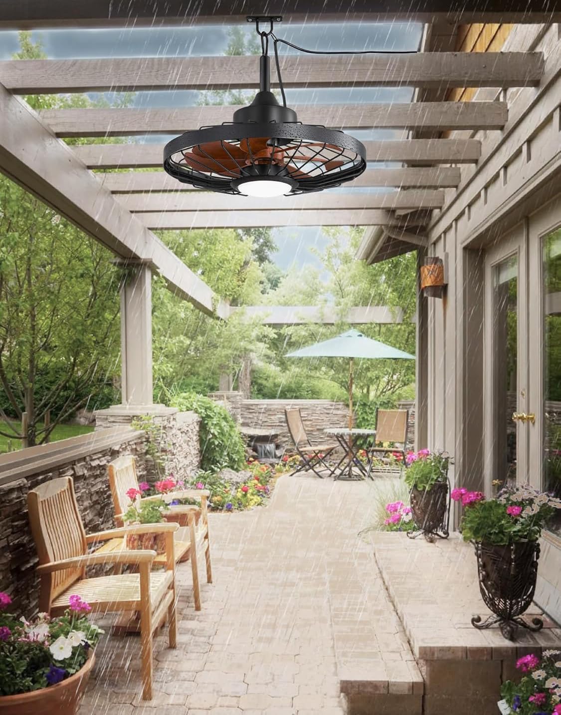 Ventilatore da Soffitto con Luce LED, Nero con Pale in Legno Scuro, Stile Industriale Retrò a Gabbia, Impermeabile IP65, 50 cm, Telecomando e Applicazione