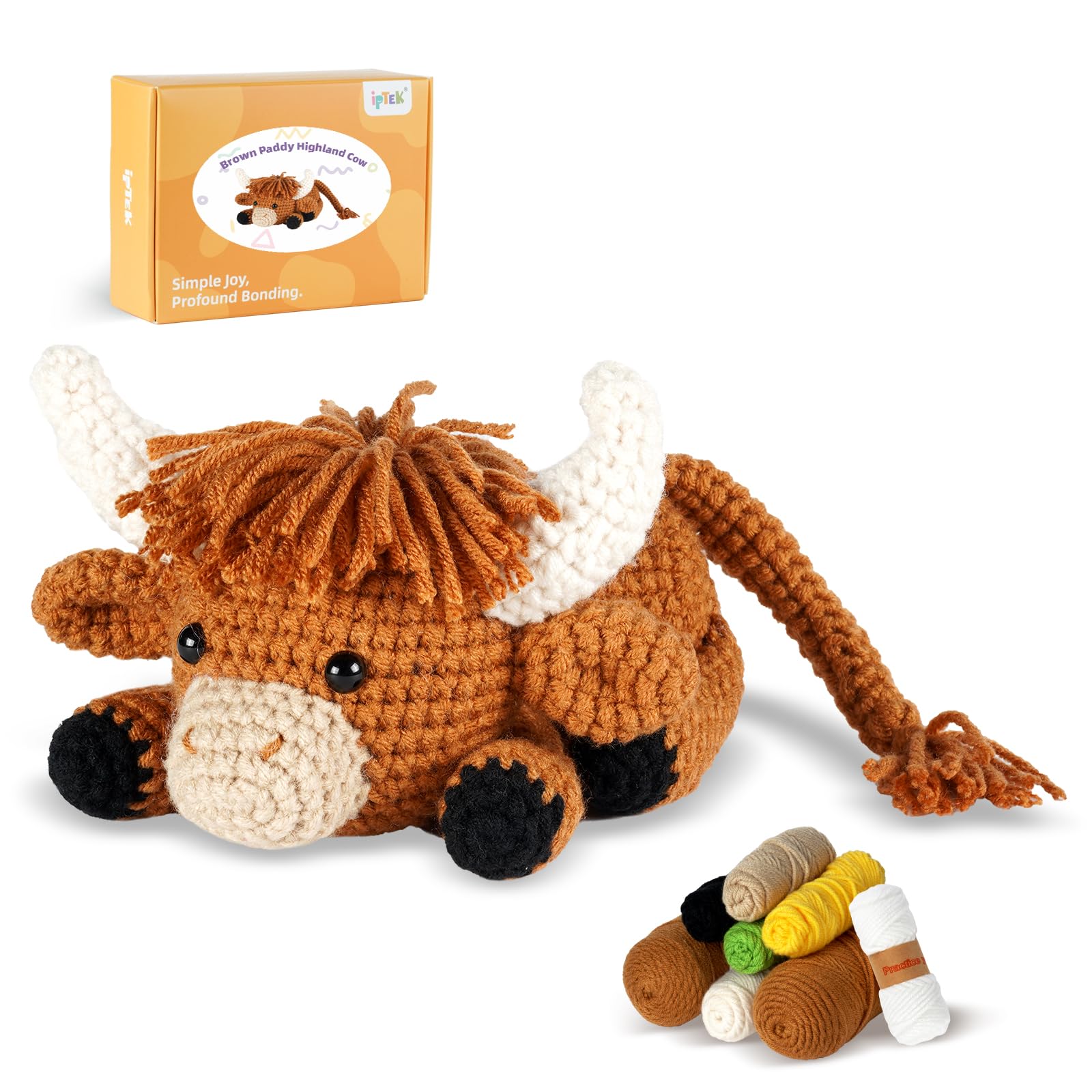 iptek Crochet Kit for Beginners, Learn to Crochet, Include Easy Knitting Soft Yarn, Step-by-Step Video Tutorial, Hook, Holiday Birthday Gift for Adults and Kids(Highland Cow)