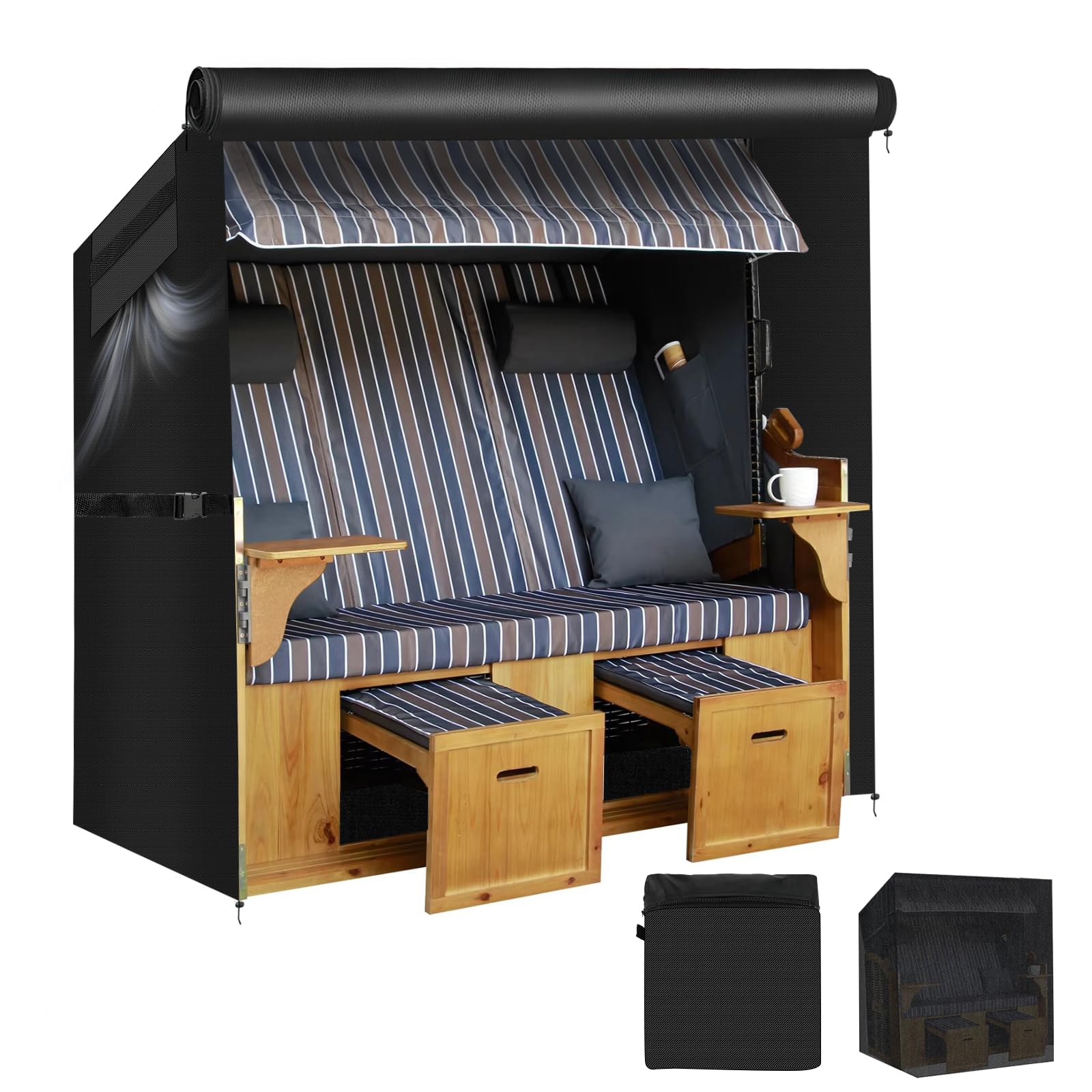 Farekass Strandkorb Schutzhülle Winterfest, 420D Oxford strandkorbhülle wasserdicht mit Reißverschluss,UV Beständig PU Schutzschicht Reißfest Abdichtung für strandkörbe Hülle, 135x105x175/140cm