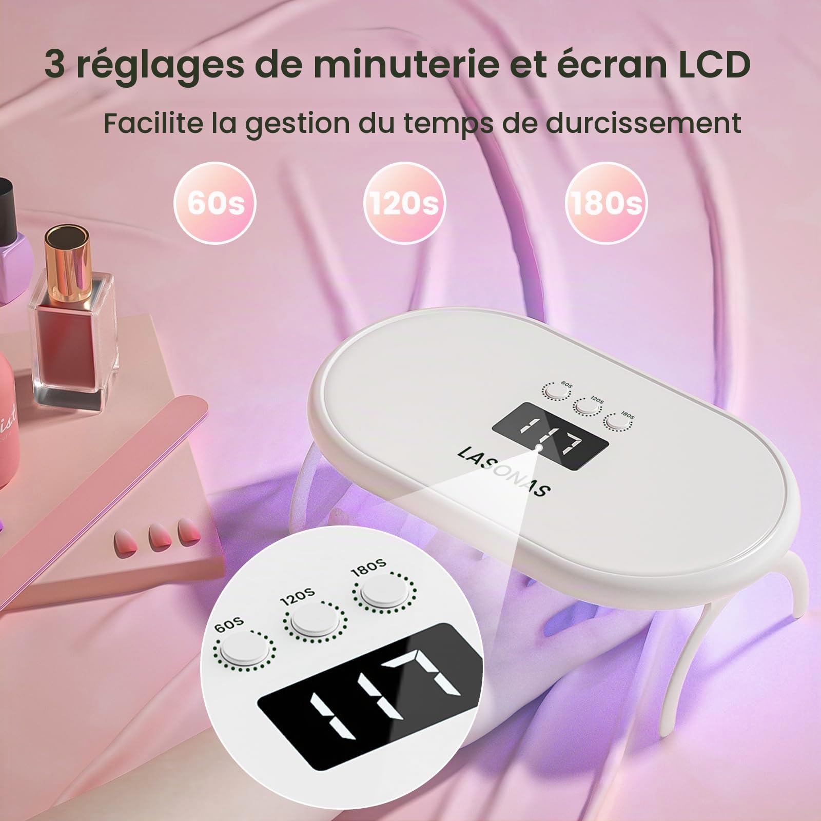Lampe à ongles UV LED LASONAS pour vernis à ongles en gel 24 W, lampe UV avec 3 réglages de minuterie, séchage rapide, mini lampe de séchage portable pour autocollants et bandes à ongles en gel, soin