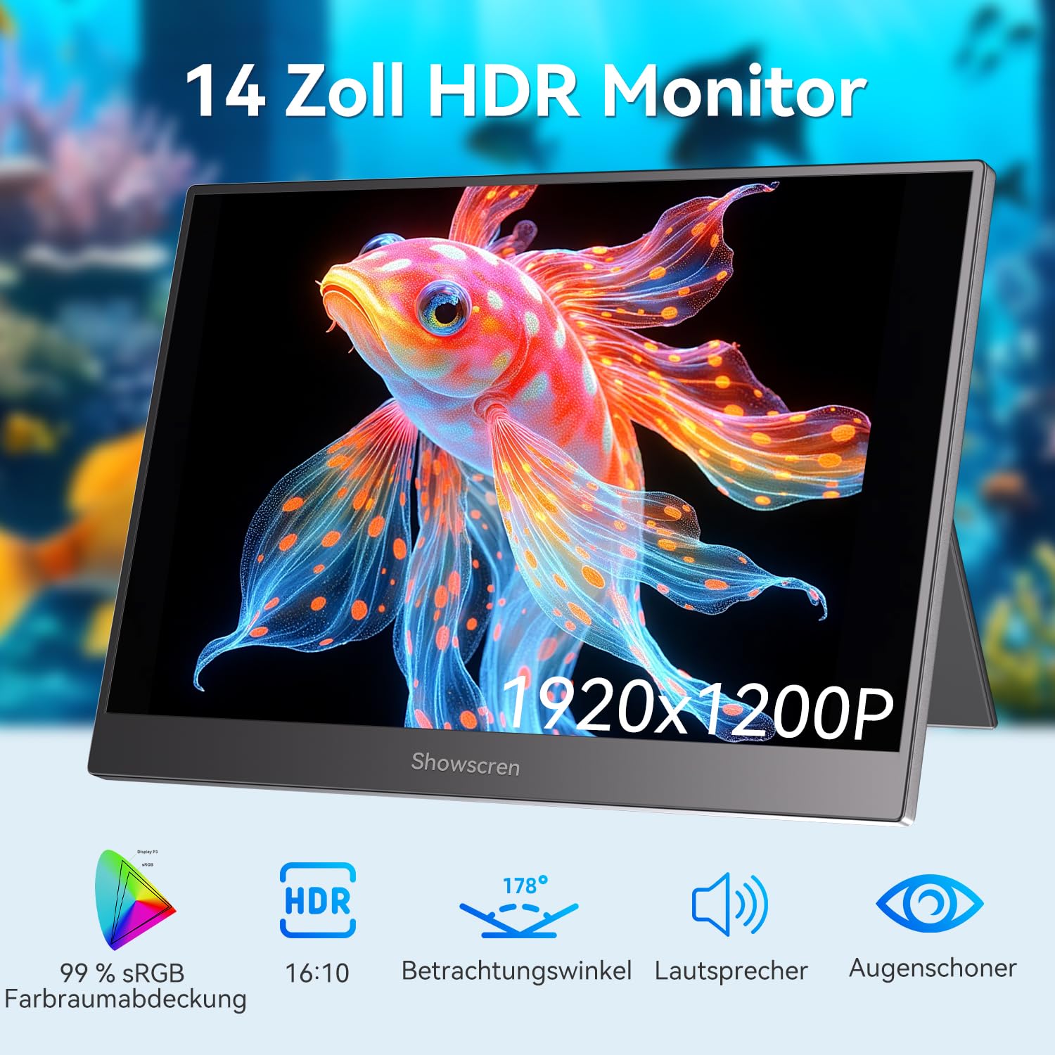 14 Zoll tragbarer externer Monitor, 1920 x 1200 Pixel 60 Hz 99% sRGB, Mini-HDMI USB-C Monitor mit integrierten Lautsprechern, portabler Zweitbildschirm für Laptop PC PS4 PS5 Xbox