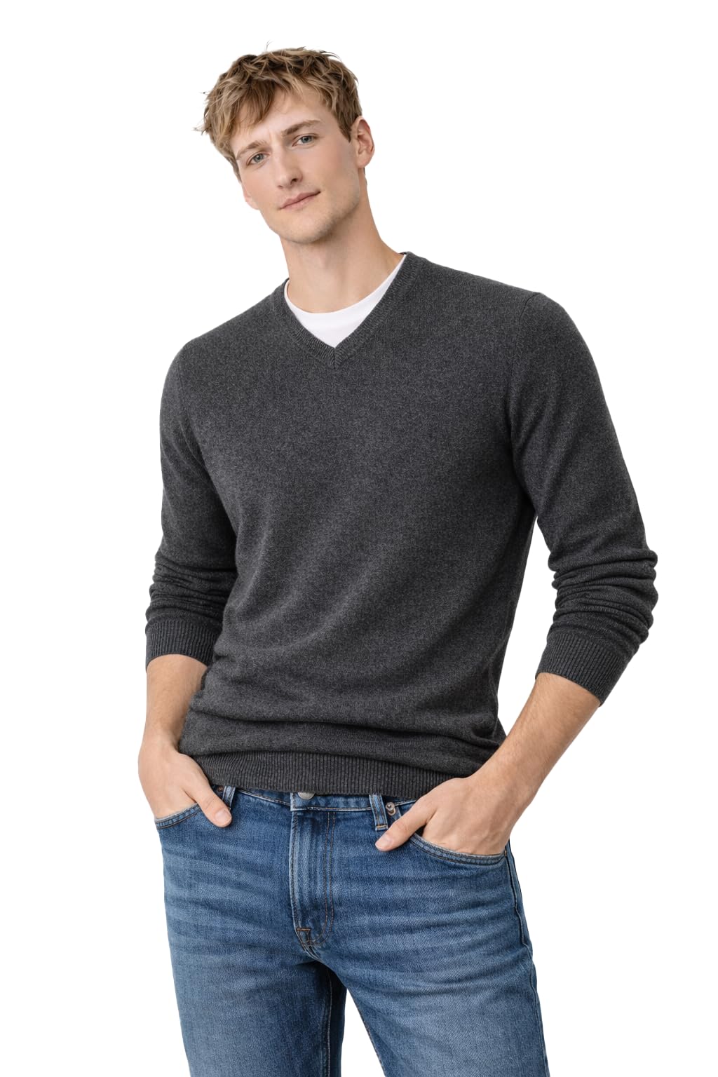 State Cashmere Men's 100% Pure Cashmere Jumper Long Sleeve Pullover V Neck Sweater-X-Large-Charcoal
