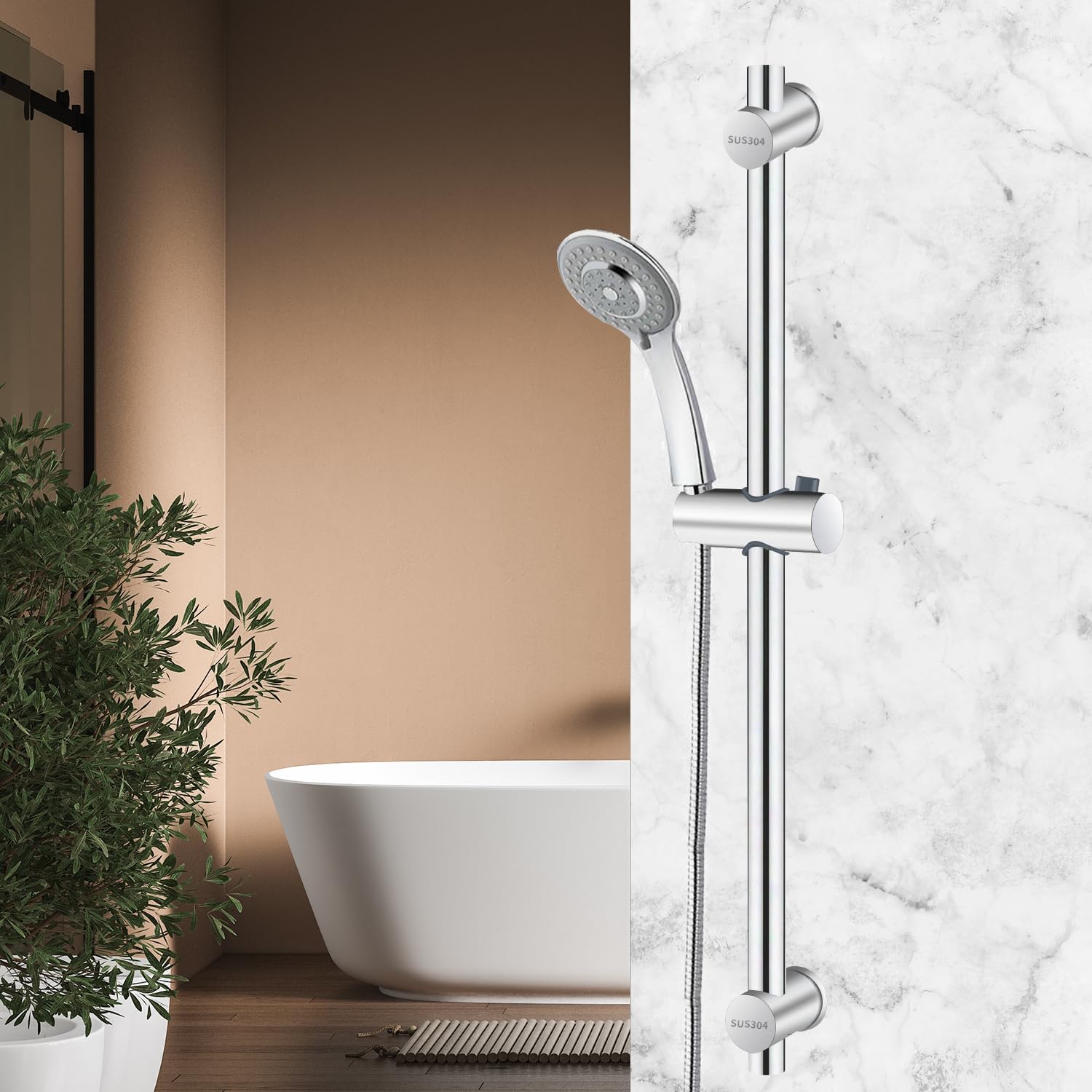 Vista Barre de douche de 66 cm en acier inoxydable SUS304 pour salle de bain - Fixation murale réglable - Argent brossé