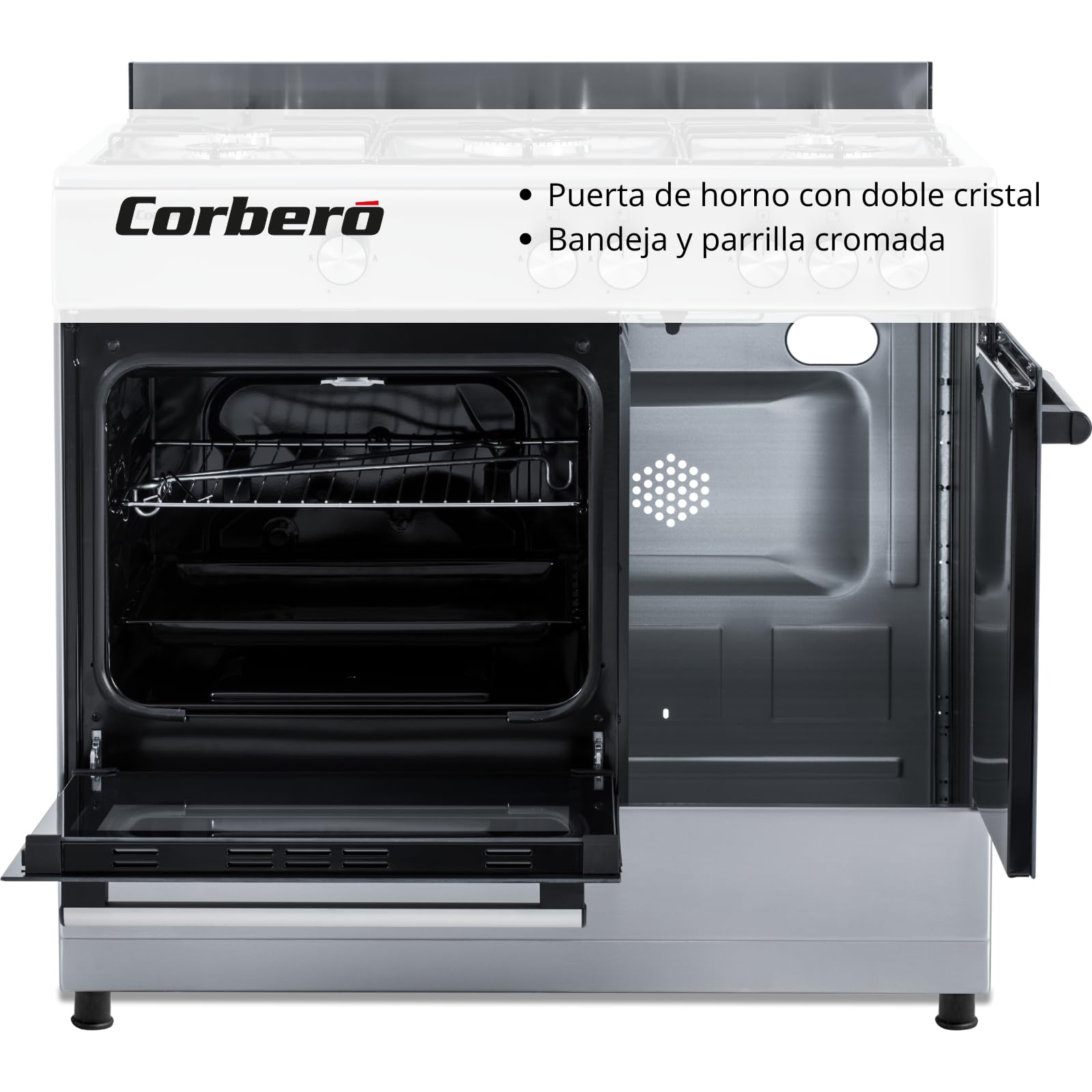 Corbero - Cocina de gas butano 5 fuegos | CC510GB90X | 80x90x60 | Horno de 60L con puerta doble | Wok en medio| Encendido Manual | Cajón calientaplatos| Bandeja y parrilla cromados |Con tapa| Inox