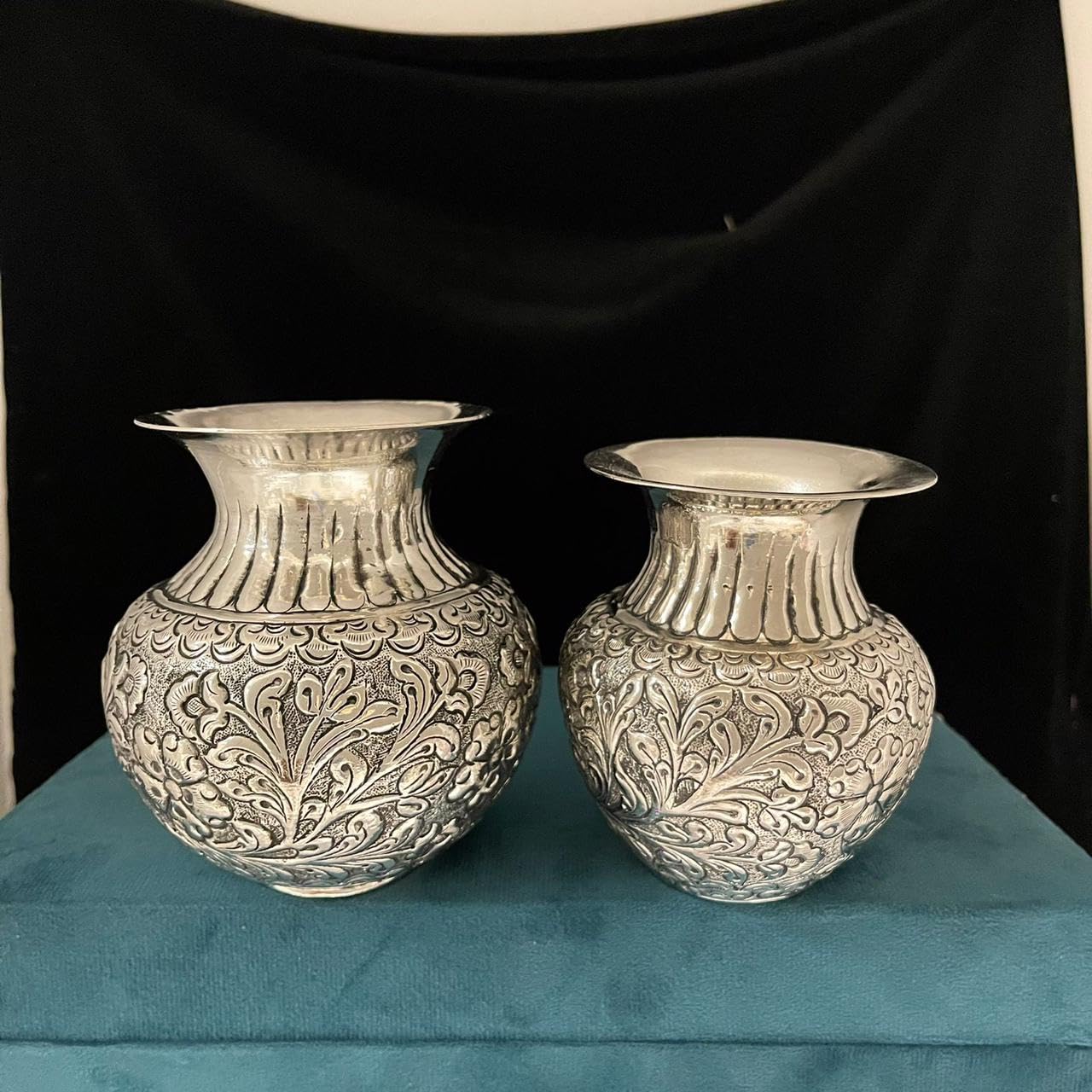 indiancraftsbykanika Silver Plated Set of 2 Fully Carved Kalash for Home décor/Housewarming/Diwali