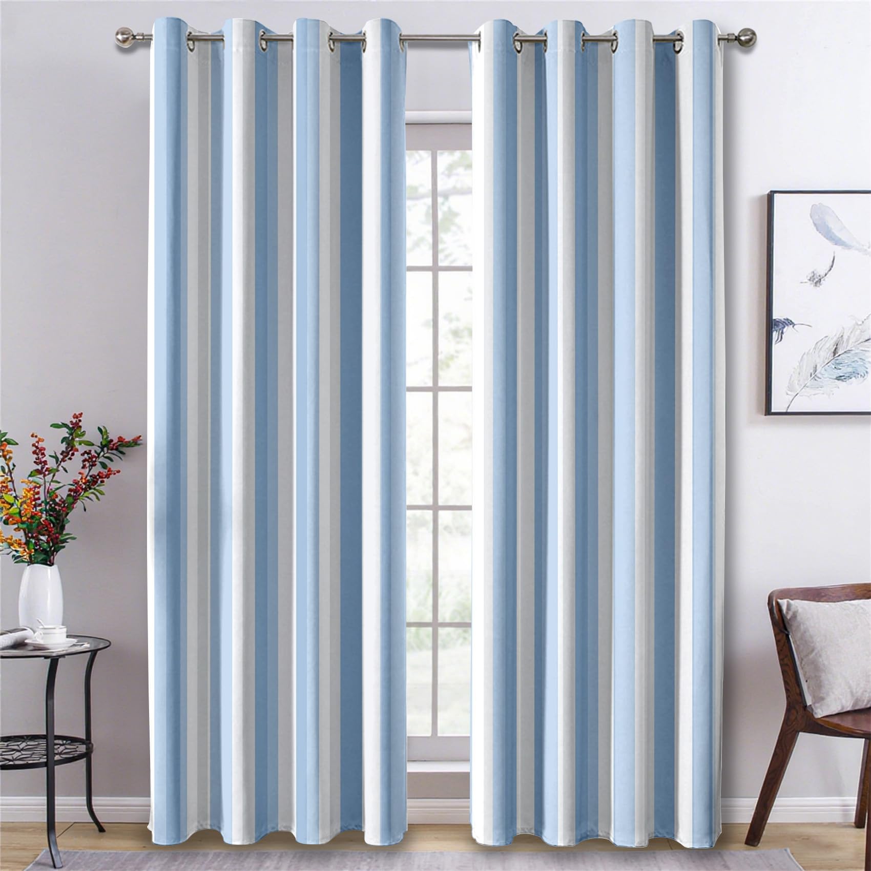 Generisch Streifen Vorhänge Wohnzimmer, Verdunklungsvorhänge Blau Weiß Gestreift mit Ösen, Vorhang Blickdicht mit Muster, Gardinen für Wohnzimmer Deko 2er Set, H 200 X B 140 cm B-D57