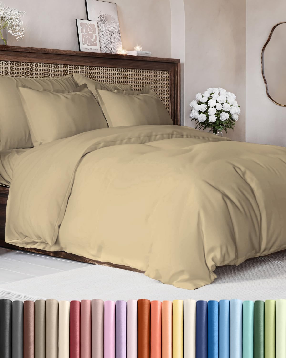 Duvet Cover Oversized Queen Size - 3 Piece with Zipper Closure - Beige