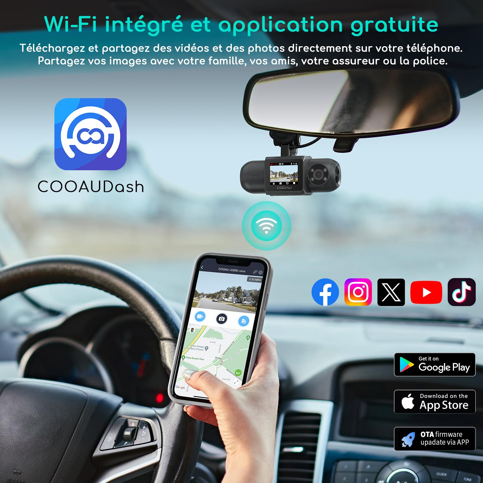 COOAU D30S 4K Dashcam Voiture avec GPS, Wi-FI, Dashcam Voiture Avant Intérieur 2,5K 1080P, Vision Nocturne Infrarouge, supercondensateur, accéléromètre, Mode stationnement, Enregistrement en Boucle