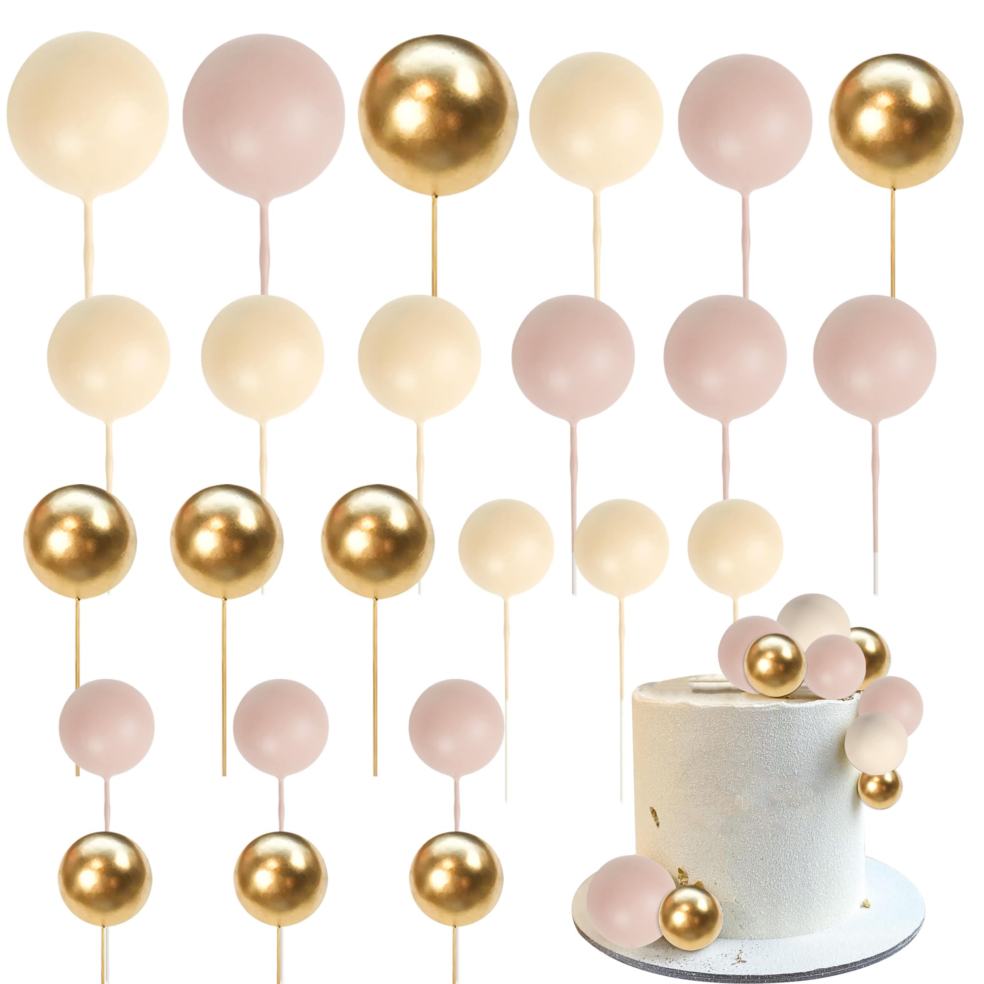 SYKYCTCY 24 Pack Ball Cake Toppers - Balls, Cupcake Toppers, Foam Ball Shaped Cake Picks, Mini Balloon Cake Decorations for Wedding, Anniversary, Baby Shower, Birthday Parties