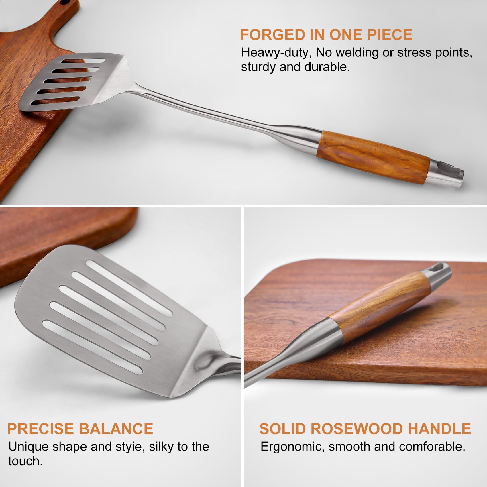 Set di utensili da cucina in acciaio inox 304 con manico in legno, set di utensili da cucina in metallo, spatola wok da cucina in acciaio inox