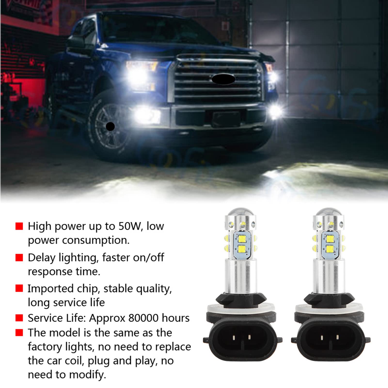 Ampoules LED 881 Pour Hyundai Accent 2013-2018 - 2 Pièces, 50W, 6000K Blanc Intense, 1800 Lumens, 12-24V