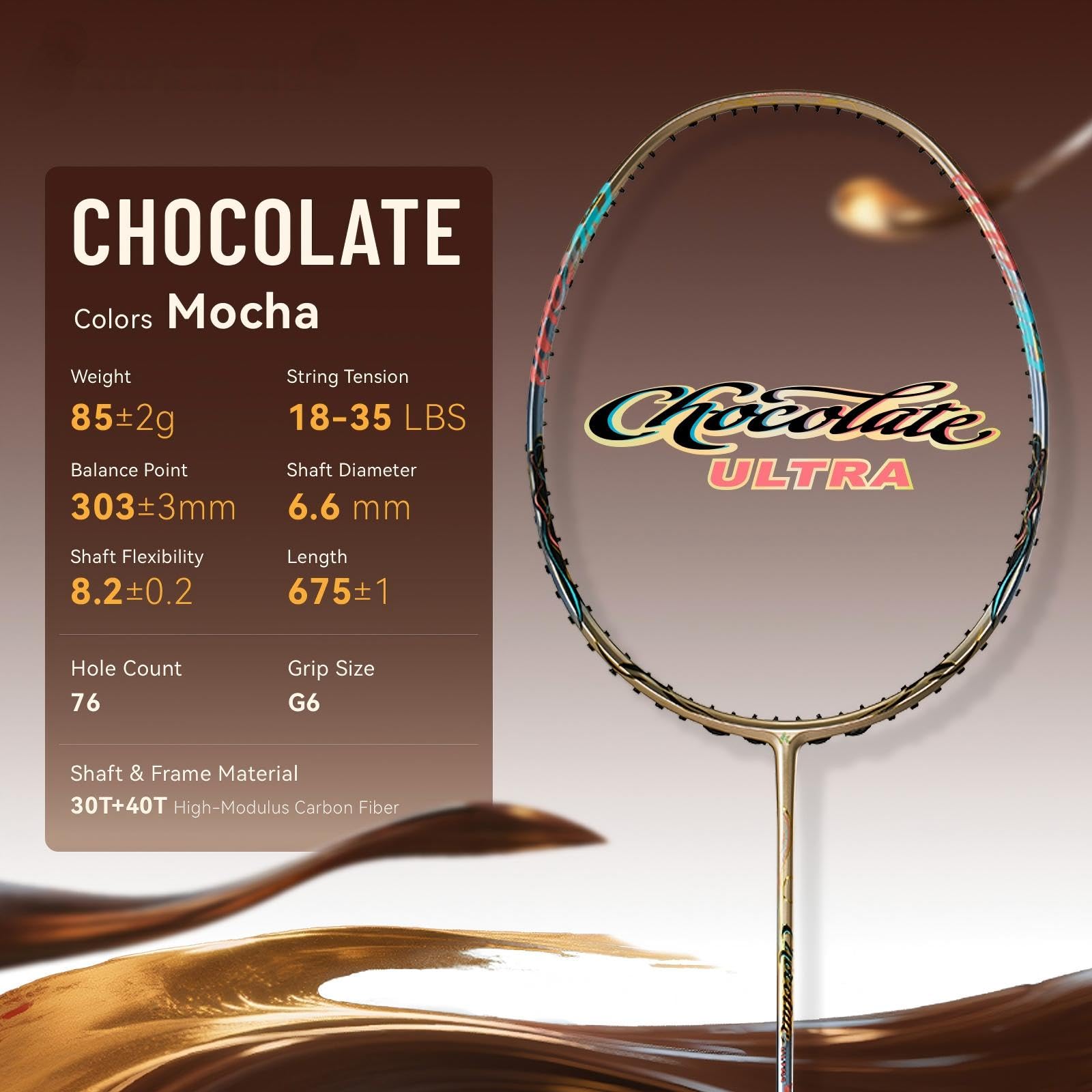 CHOCOLATE Ultra profesjonalna rakieta do badmintona High Tension 4U, lekka i o wysokiej wydajności, zestaw z 2 uchwytami, 1 torba na rakietę (struna z żyłką), mokka