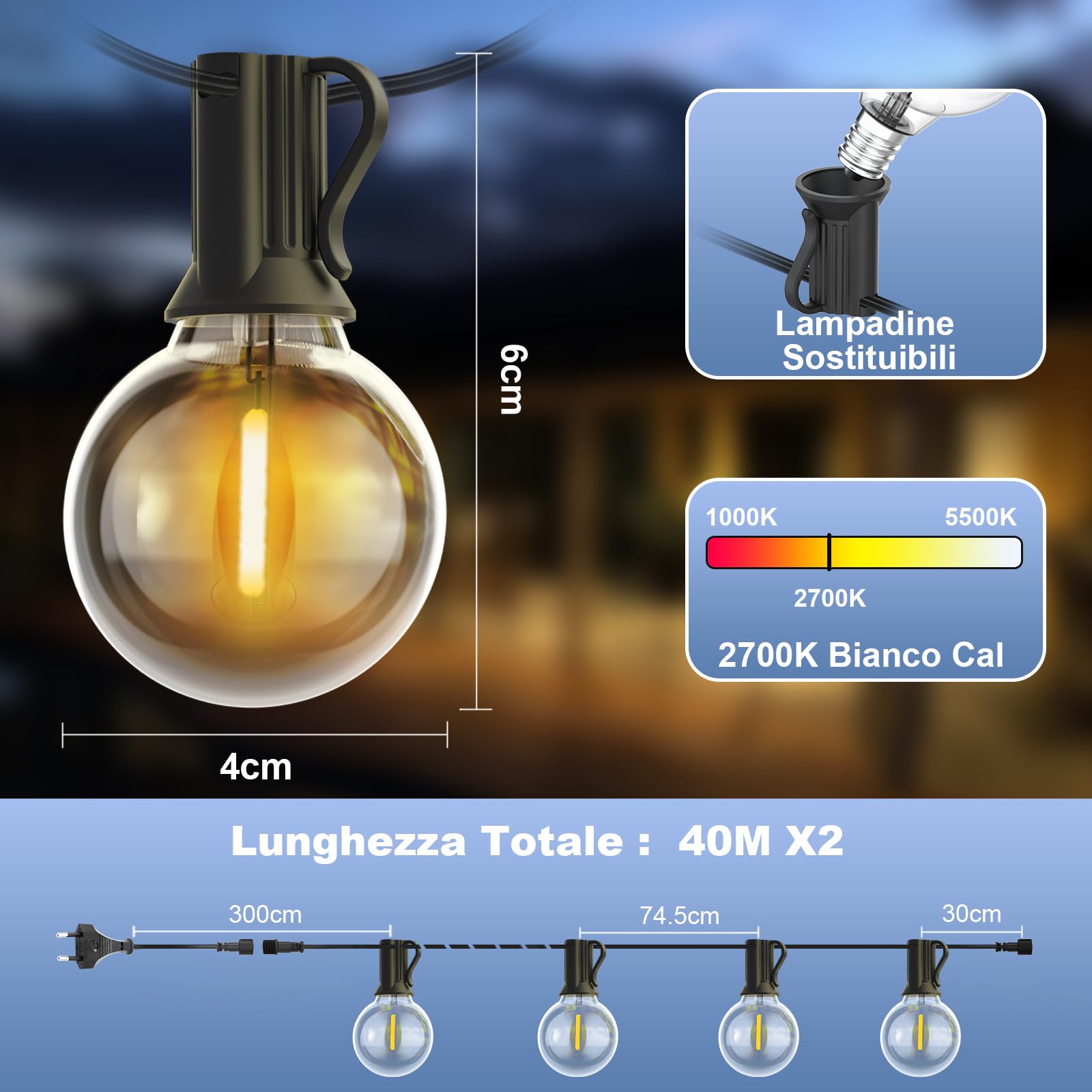 Yuusei Catena Luminosa Esterno 80M Luci da Esterno, IP45 Impermeabile Catena Luminosa con Bulbi G40 Infrangibili per Recinzioni, Patio, Gazebo, Feste, Pergolati e Ambienti Esterni