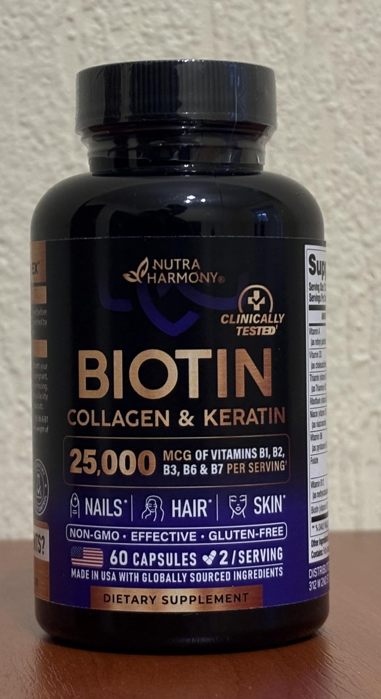 NUTRAHARMONY Biotin | Collagen | Hyaluronic Acid | Keratin - 30-Day Supply - 25000 mcg Vitamins B1, B2, B3, B6 & B7 - Made in USA - for Women & Men | 60 CapsulesClimatePartner certified