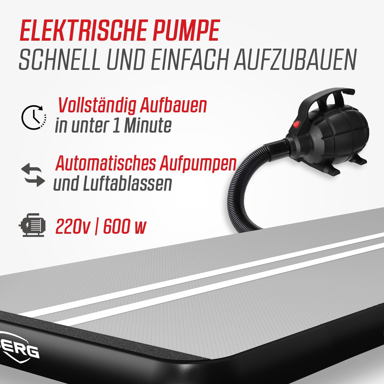BERG AirTrack Home | Mit Elektrischer Luftpumpe und Tasche | Yogamatte | Tumblingmatte | Verschiedene Größe | Schwarz/Grau