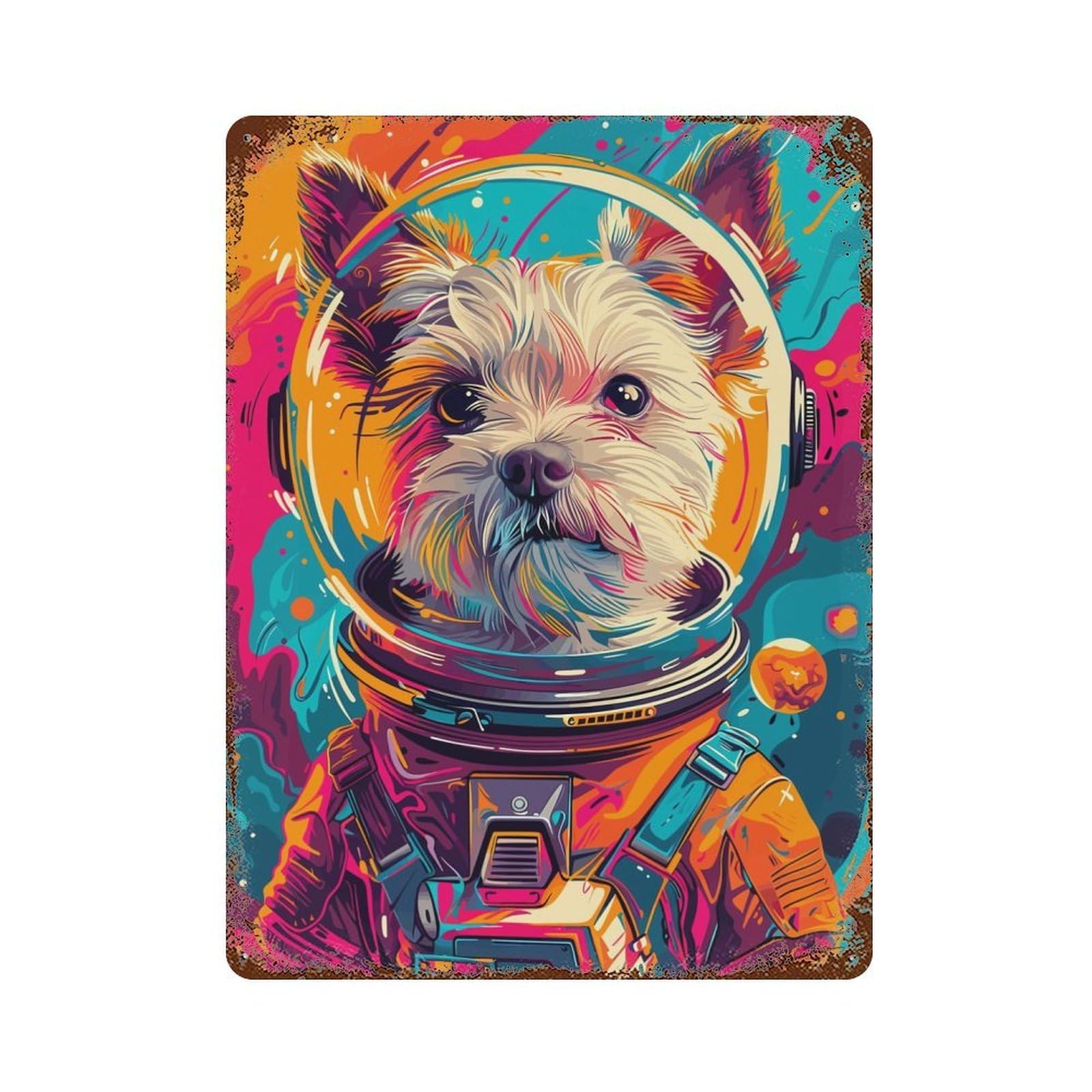 Astronaut Terrier Space Decorative Tin Sign 15.7"x11.8", for Bistro, Counter And Cafe Decor, Retro Wall Decor
